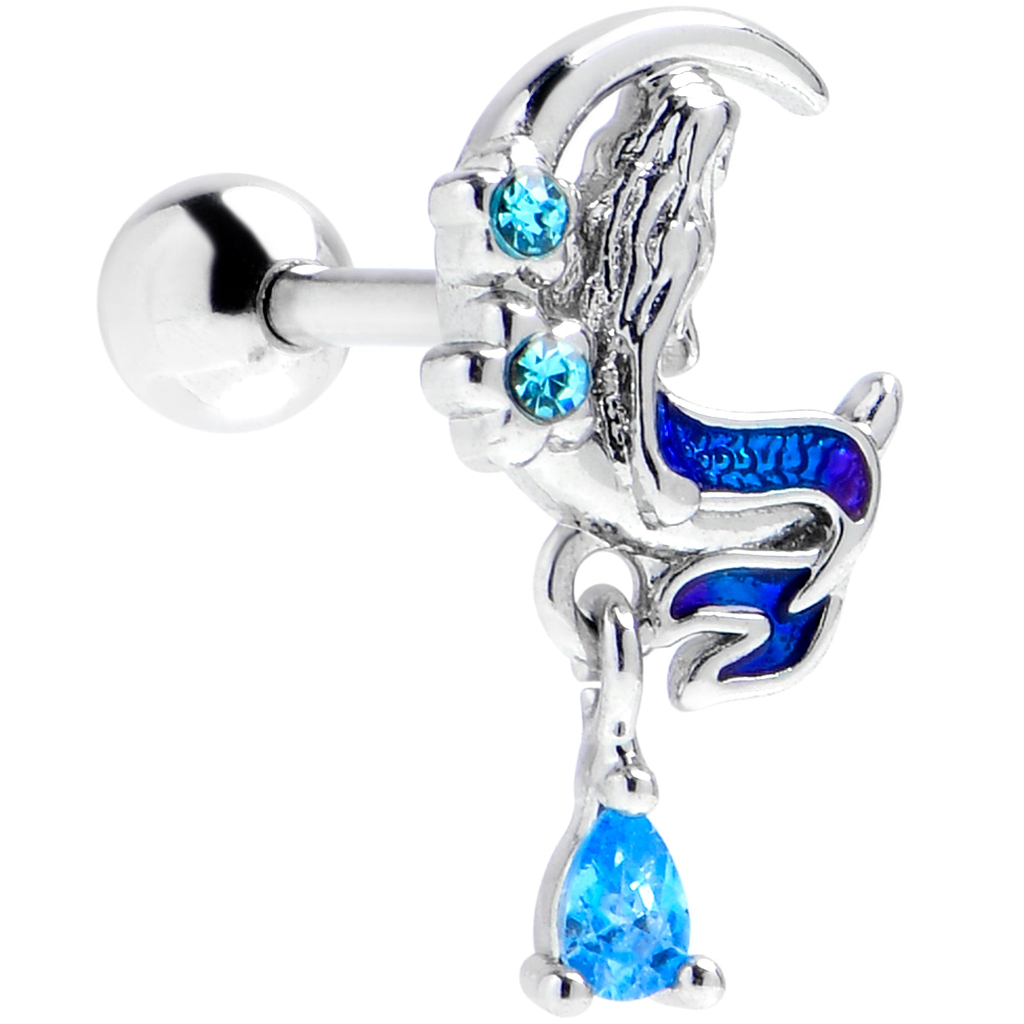 16G 1/4 Blue Gem Floral Mermaid Moon Dangle Cartilage Earring