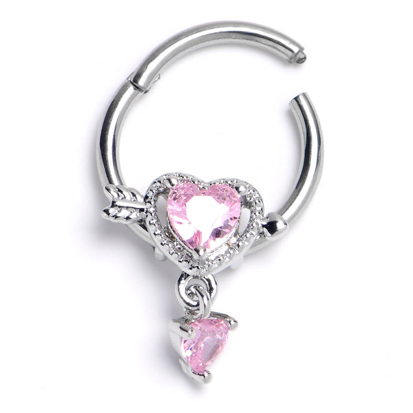 16 Gauge 3/8 Pink Gem Fusion of Love Arrow Heart Hinged Segment Ring