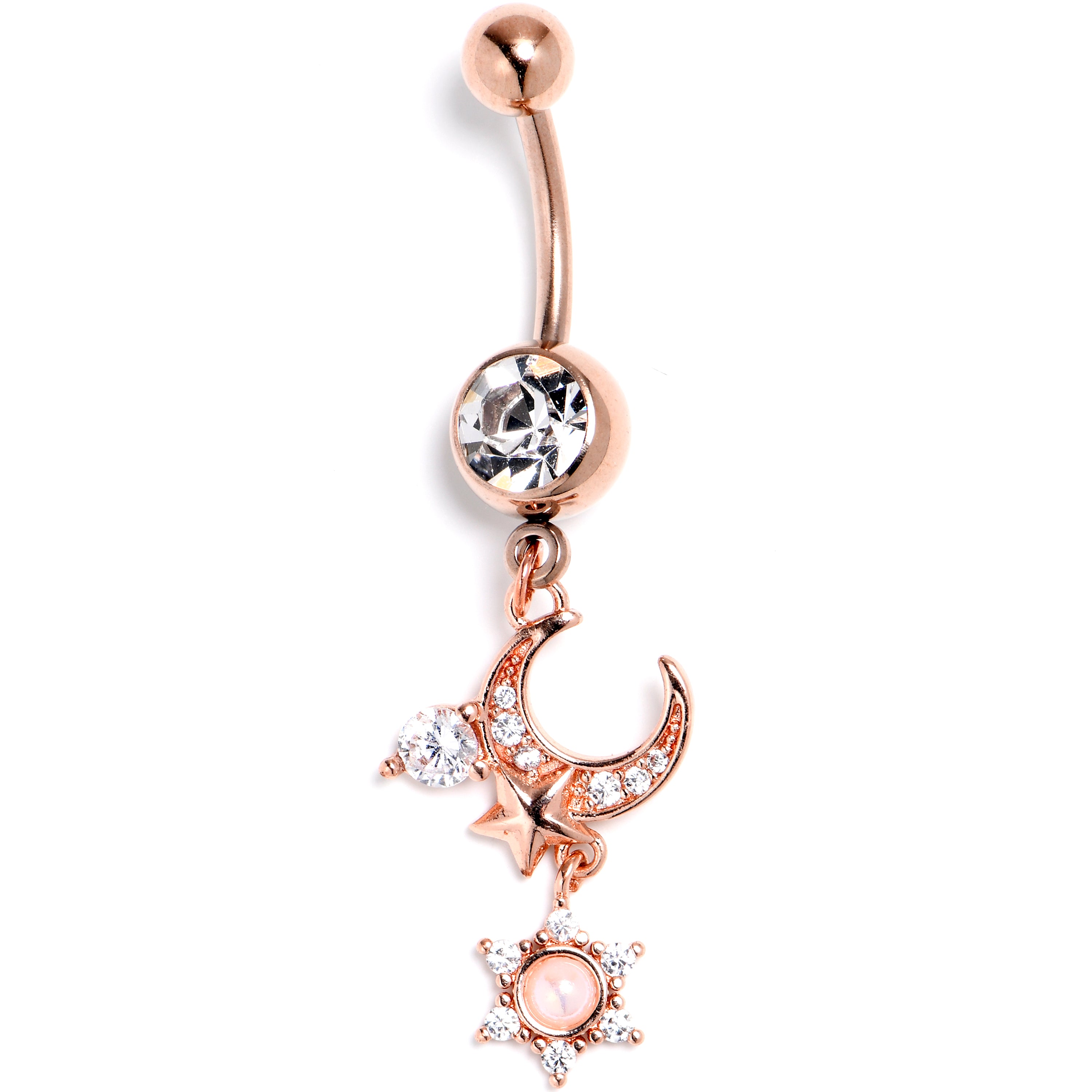 Clear CZ Gem Rose Gold Tone Moon Star Dangle Belly Ring