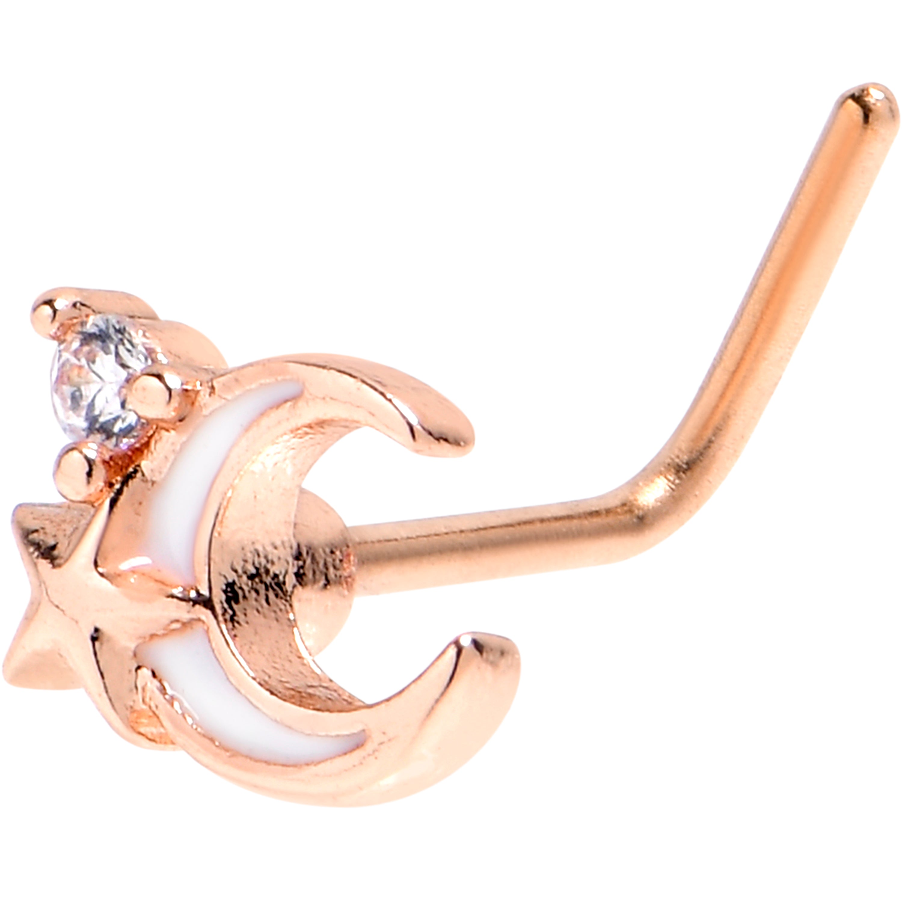 20G 7mm Clear CZ Gem Rose Gold Tone Moon Star L Shape Nose Ring