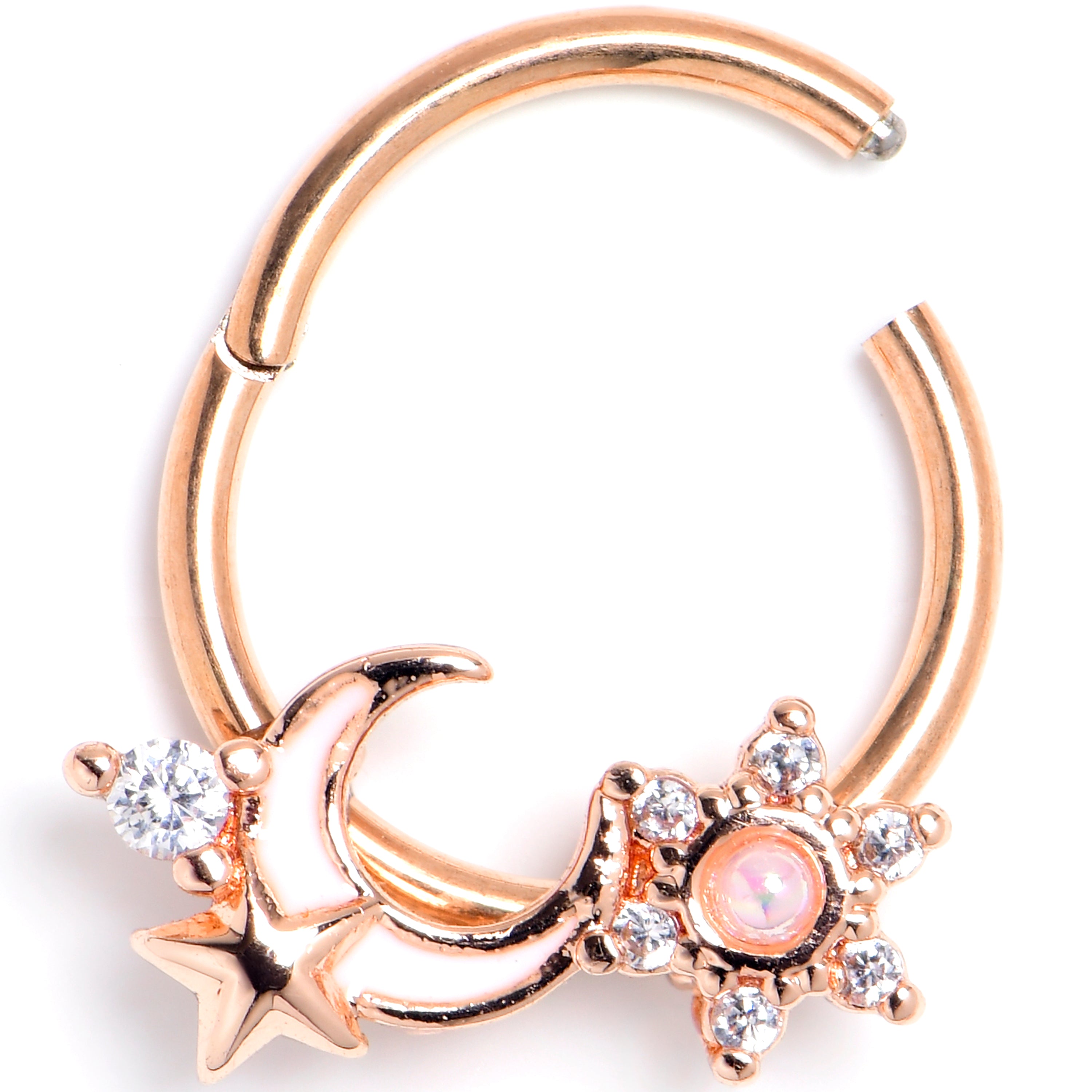 16G 3/8 Clear CZ Gem Rose Gold Tone Moon Star Hinged Segment Ring