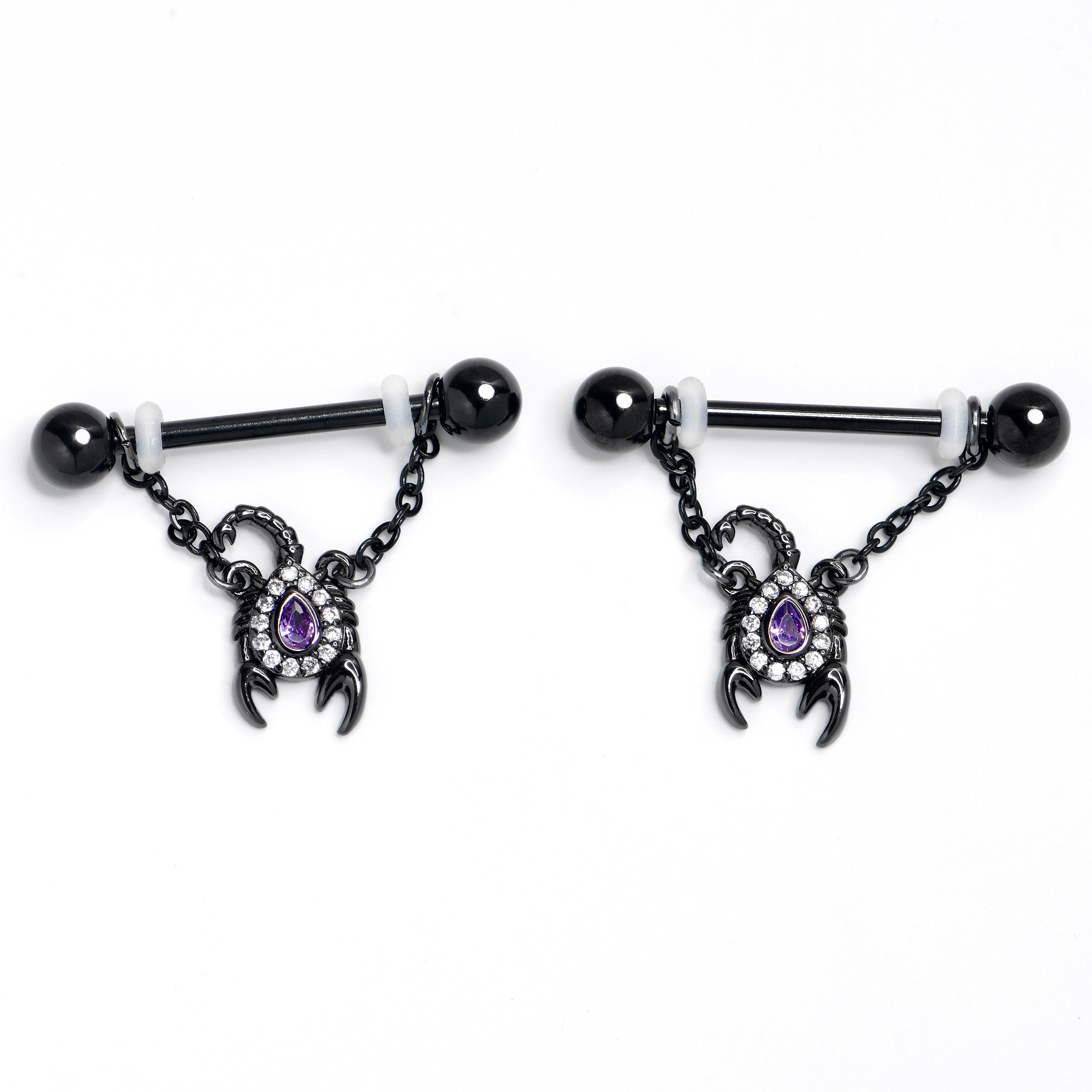 14G 9/16 Purple Gem Black Goth Scorpion Dangle Nipple Ring Set