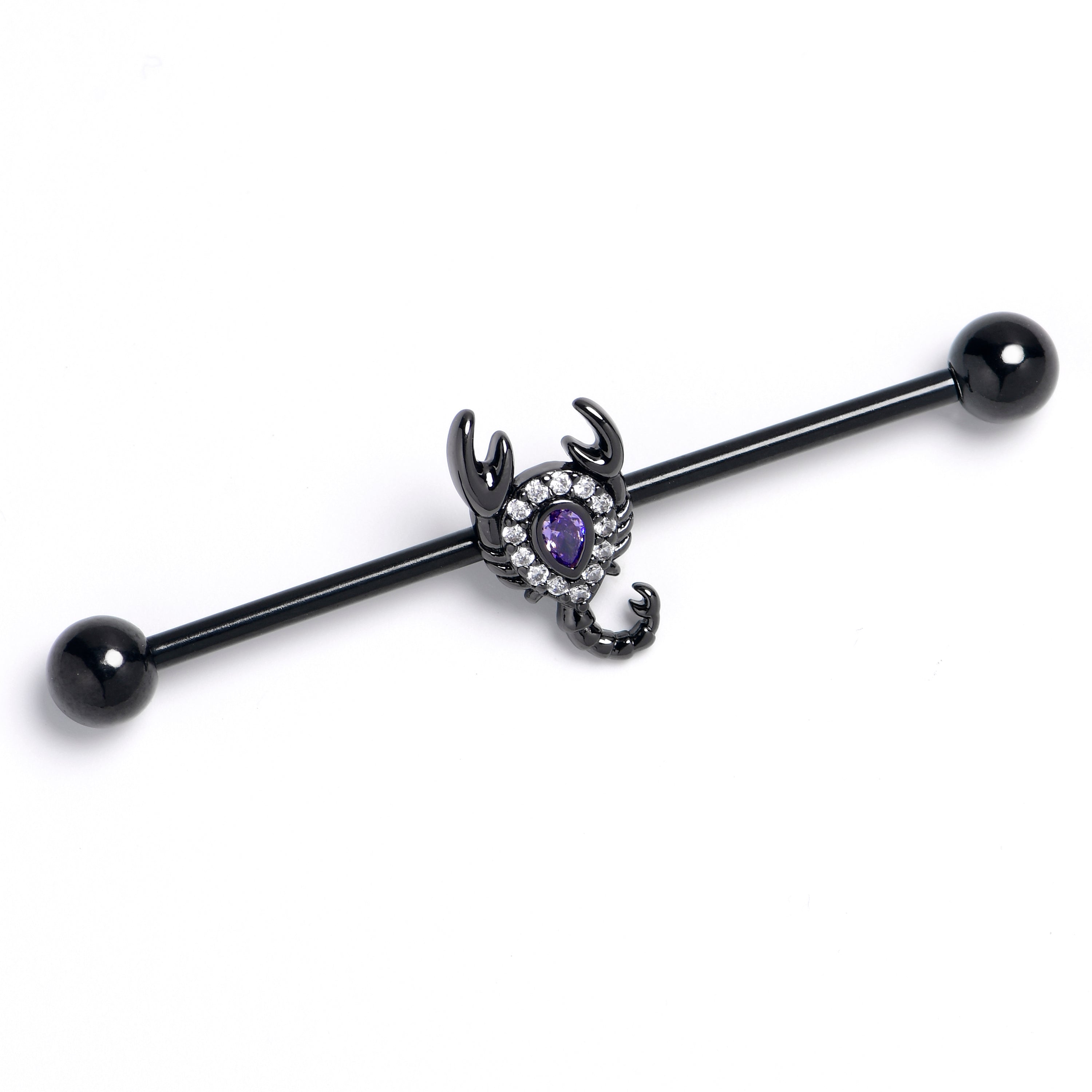 14G Clear Purple Gem Black Goth Scorpion Industrial Barbell 38mm