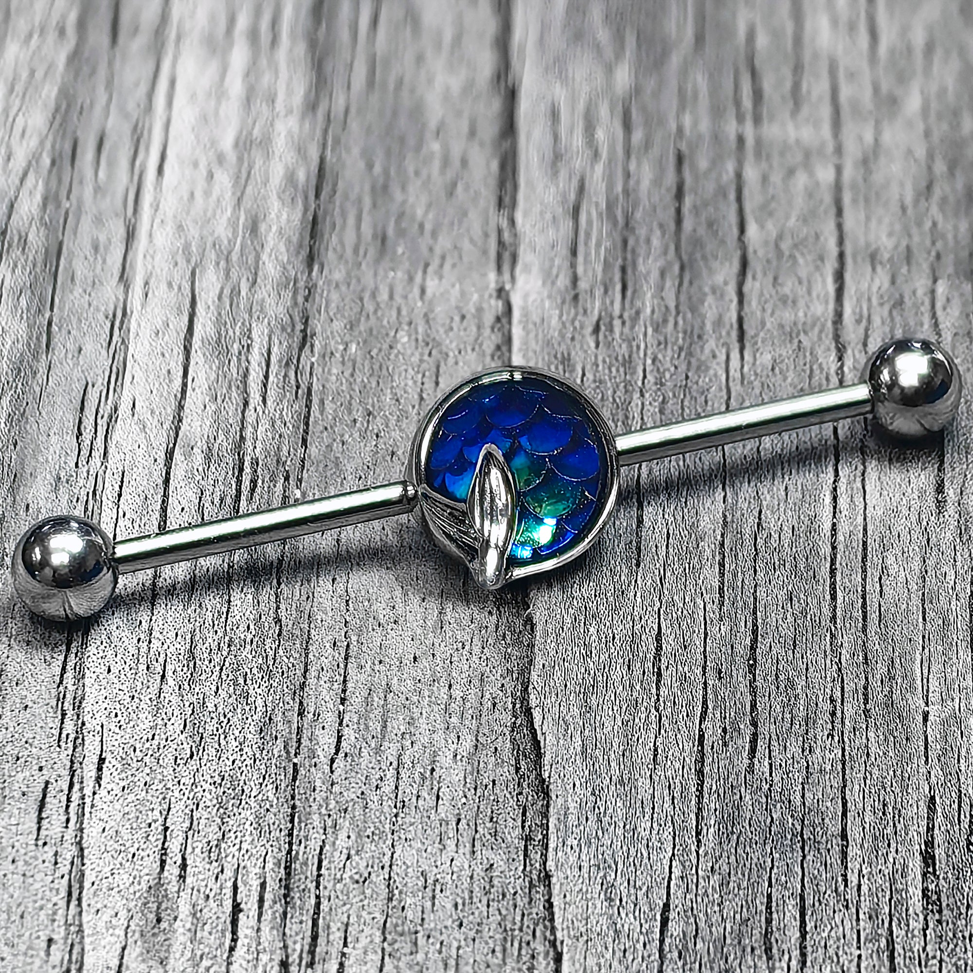 14G Mermaid Dark Blue Scale Tail Industrial Barbell 38mm