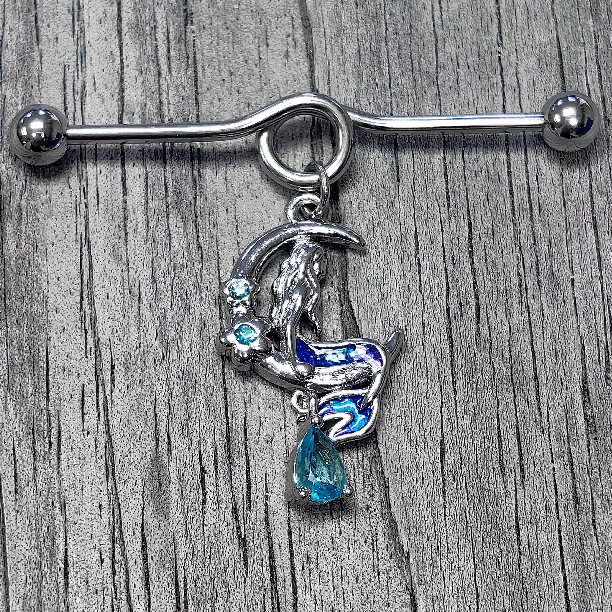 14G Blue Gem Floral Mermaid Moon Dangle Project Bar 38mm