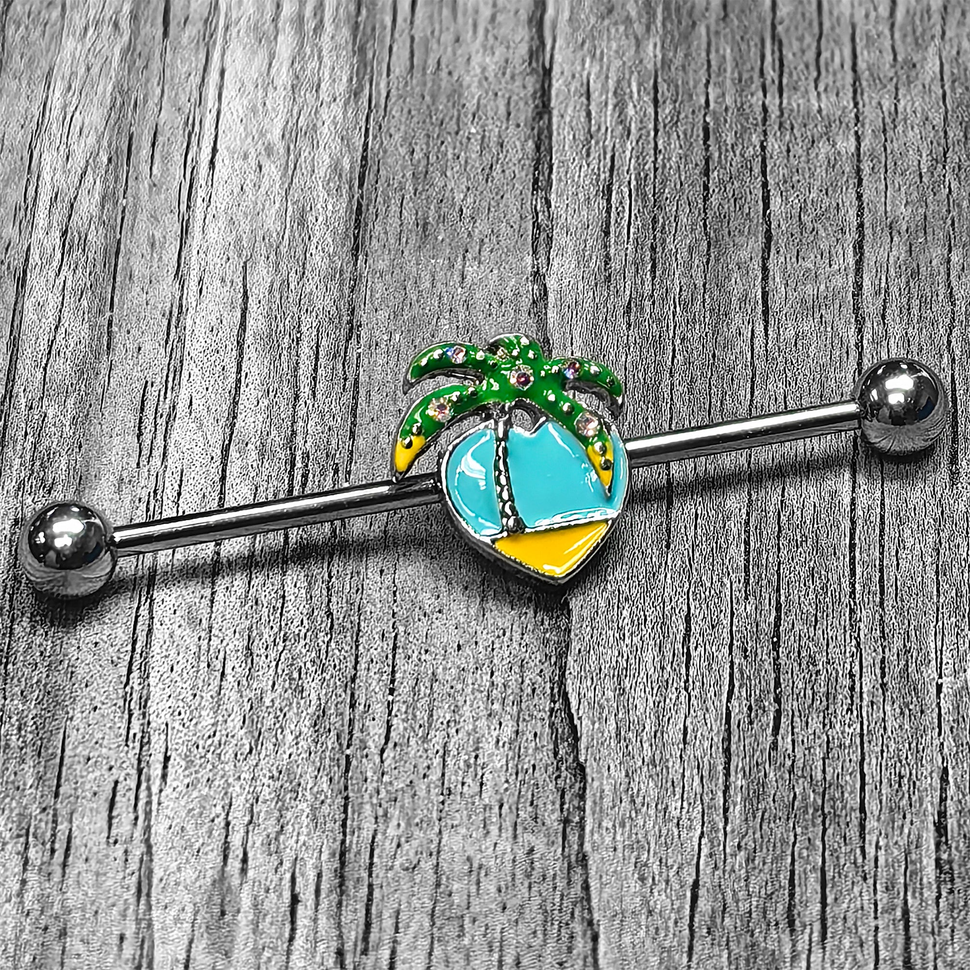 14G Beach Heart Palm Tree Industrial Barbell 38mm