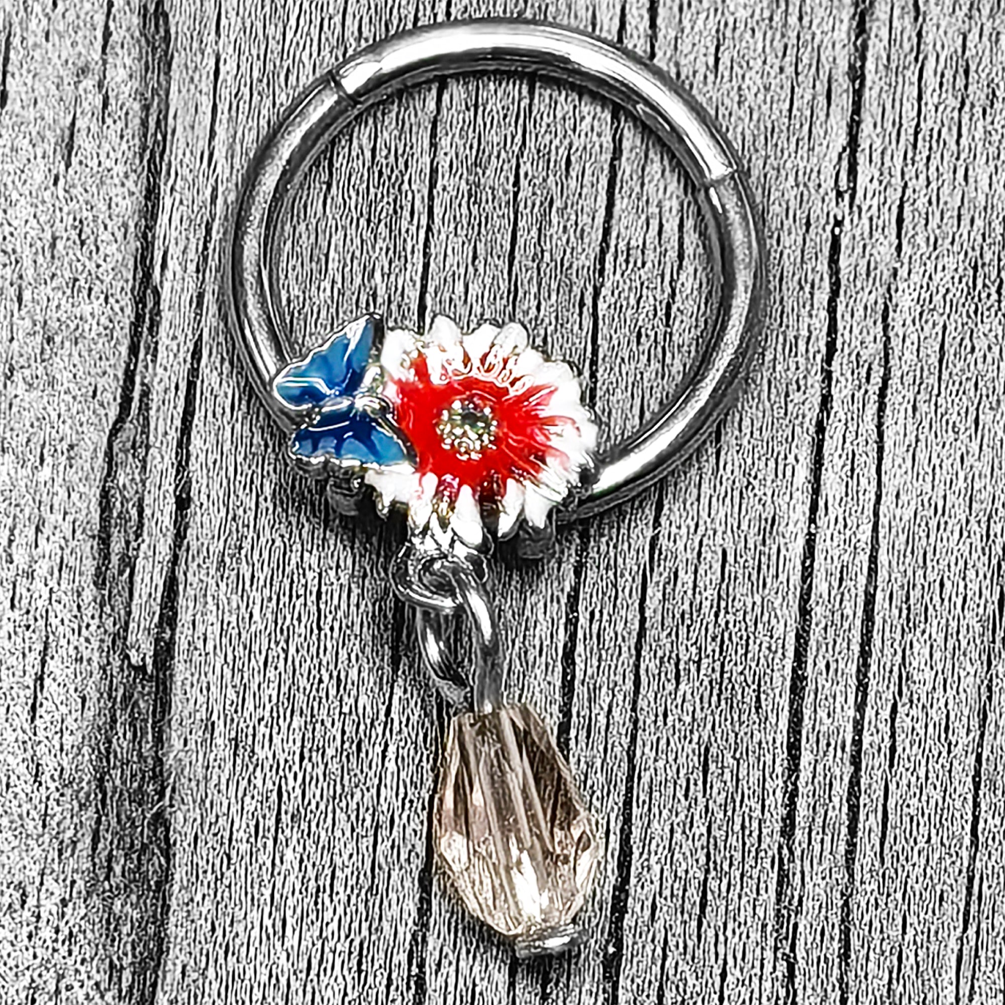 16G 3/8 Clear Gem Passion Flower Butterfly Hinged Segment Ring