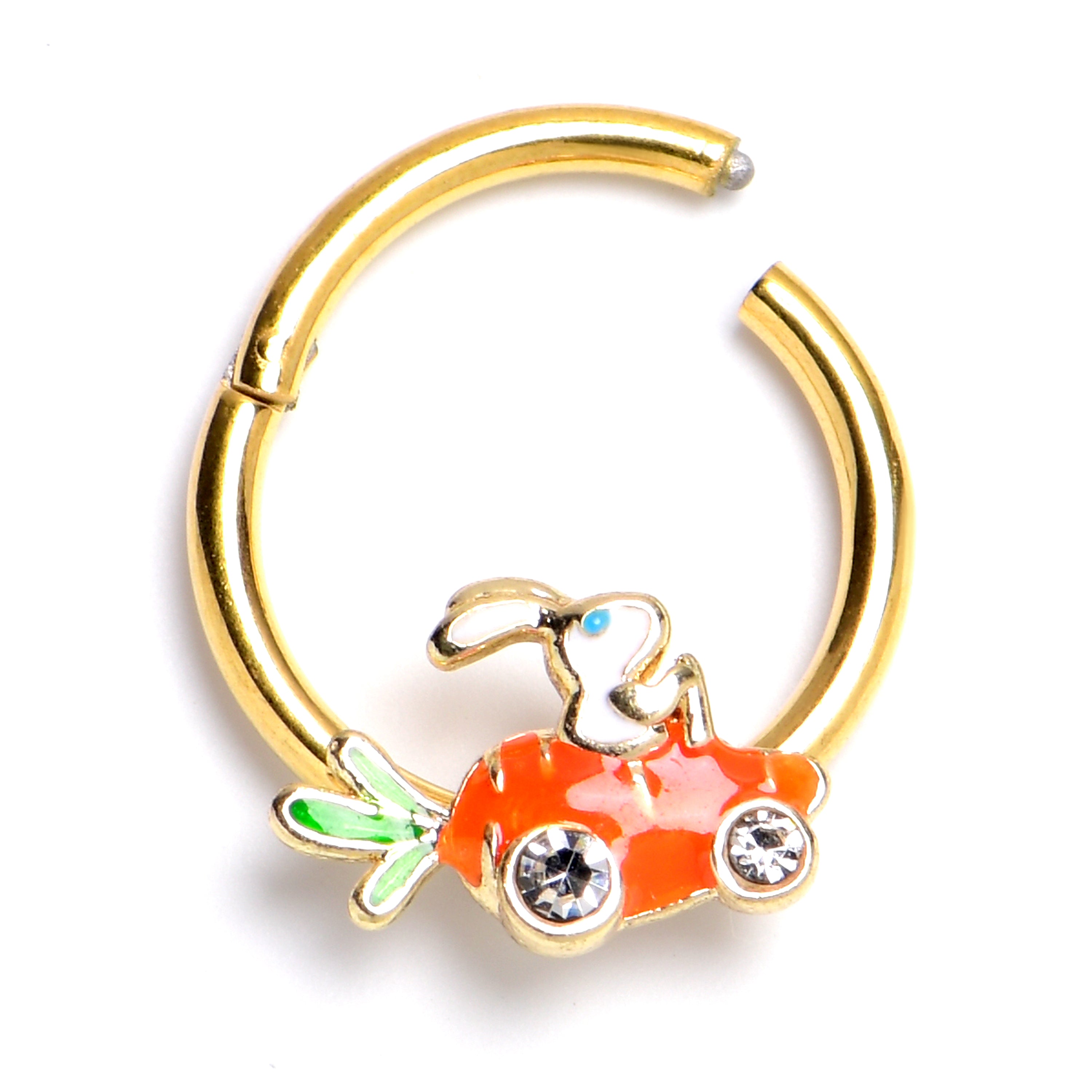 16G 3/8 Clear Gem Gold Tone Rabbit Carrot Car Hinged Segment Ring