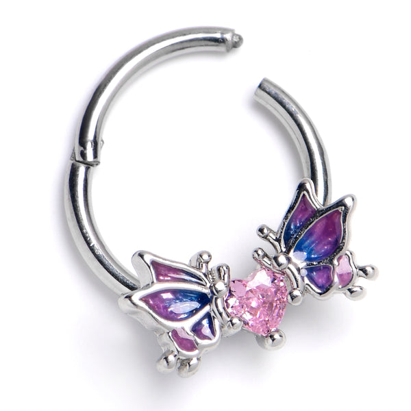 16 Gauge 3/8 Pink Gem Heart Butterfly Purple Hinged Segment Ring