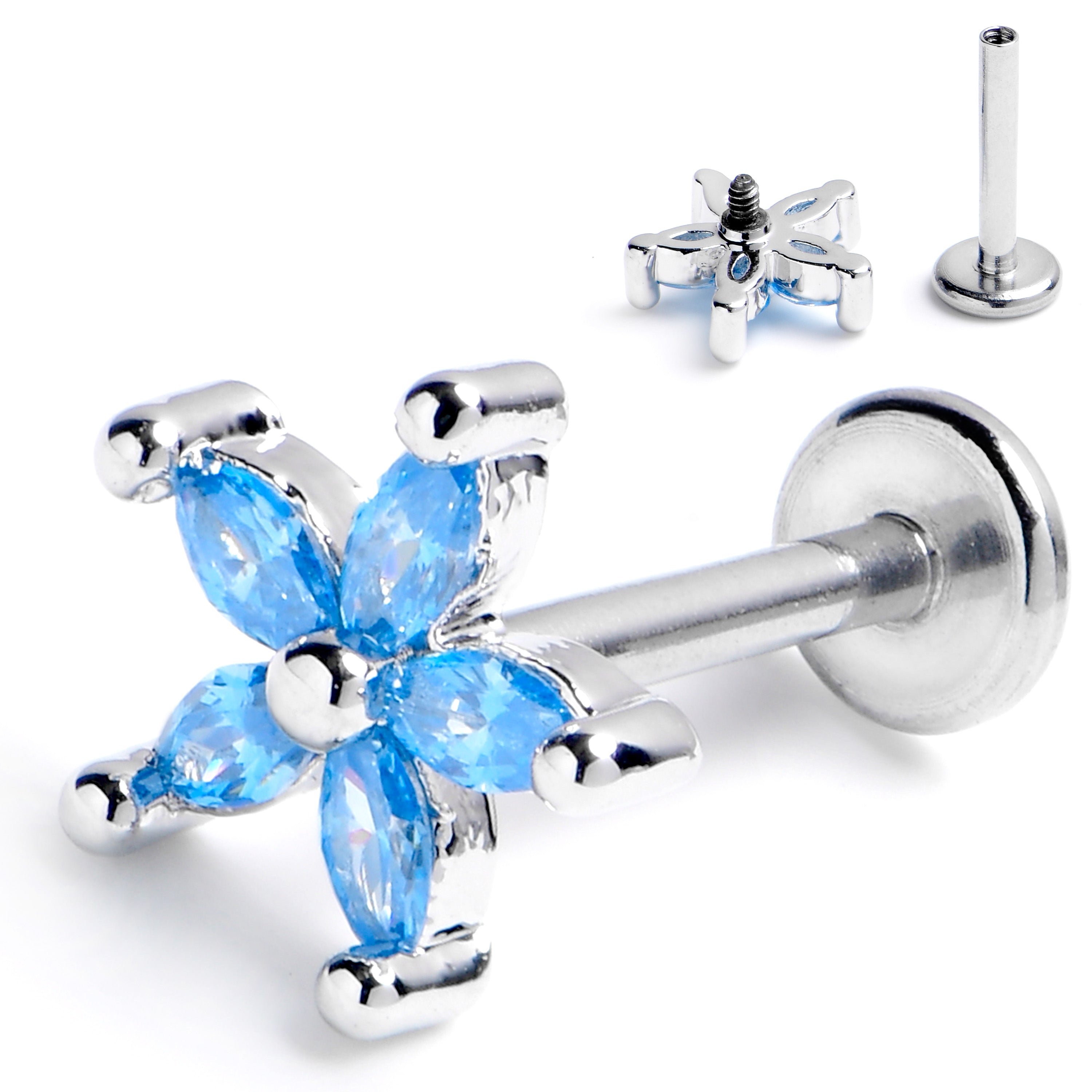 16G 5/16 Blue CZ Gem Flower Fantastic Internally Threaded Labret
