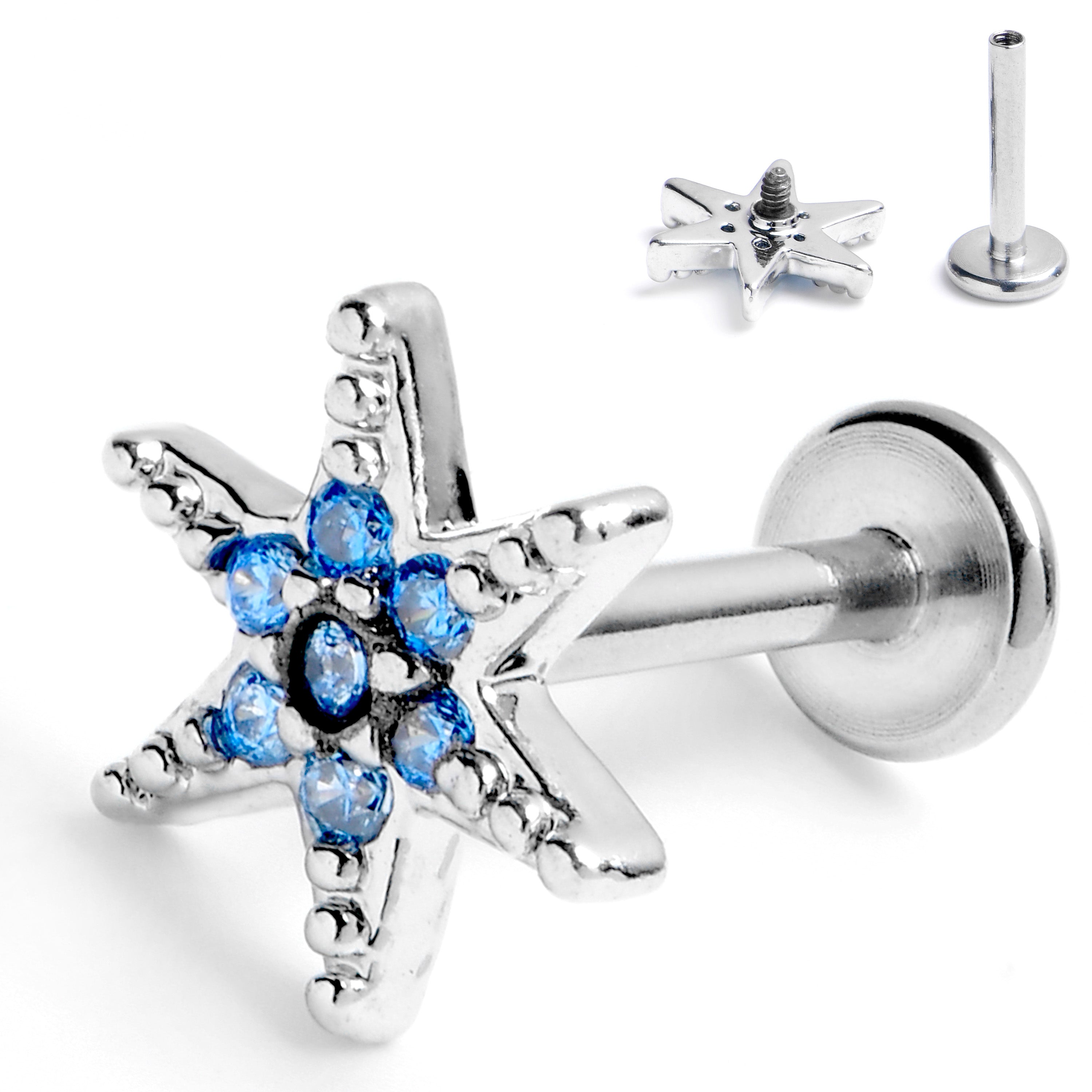 16G 5/16 Blue CZ Gem Lavish Star Internally Threaded Labret Tragus