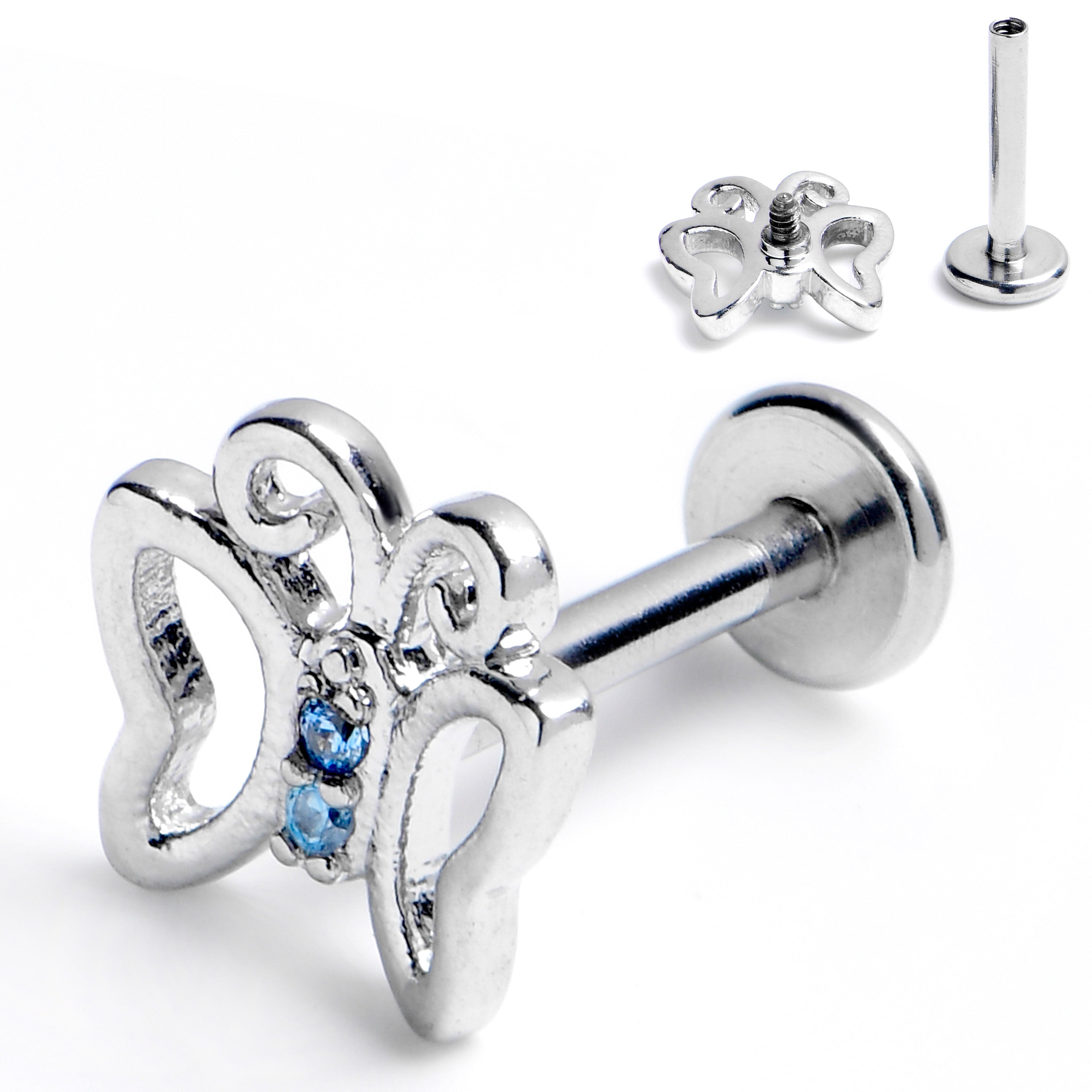 16G 5/16 Blue CZ Gem Open Butterfly Internally Threaded Labret Tragus