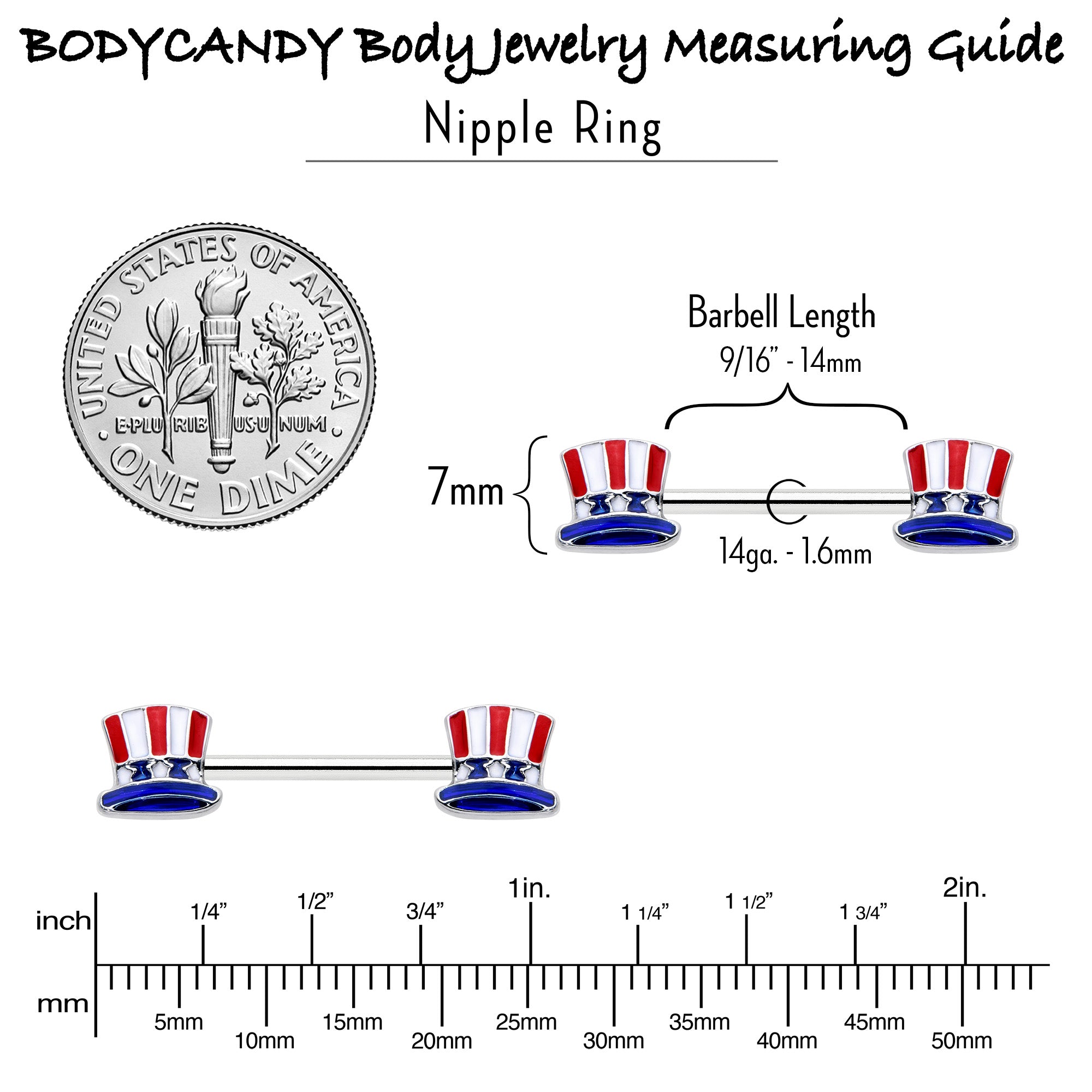 14G 9/16 Patriotic Top Hat Barbell Nipple Ring Set