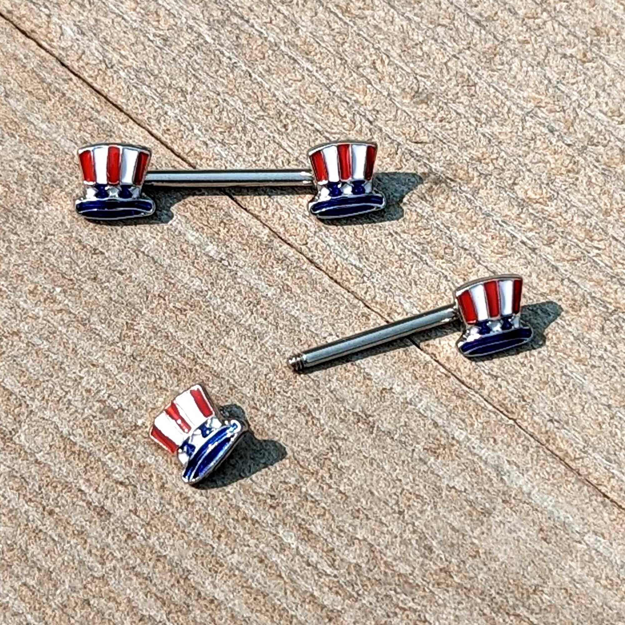 14G 9/16 Patriotic Top Hat Barbell Nipple Ring Set