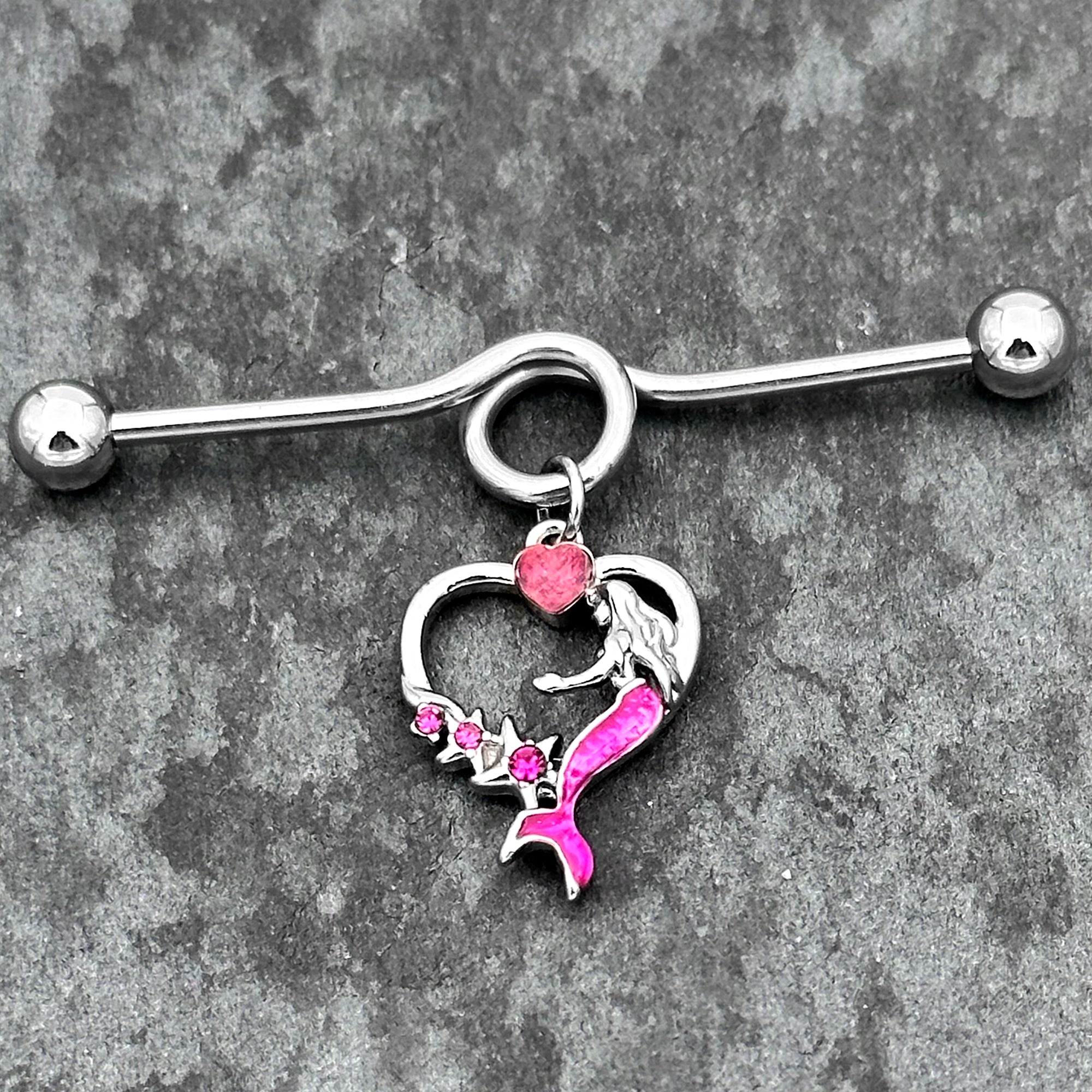 14G Pink Gem Mermaid Tail Stars Dangle Project Bar 38mm