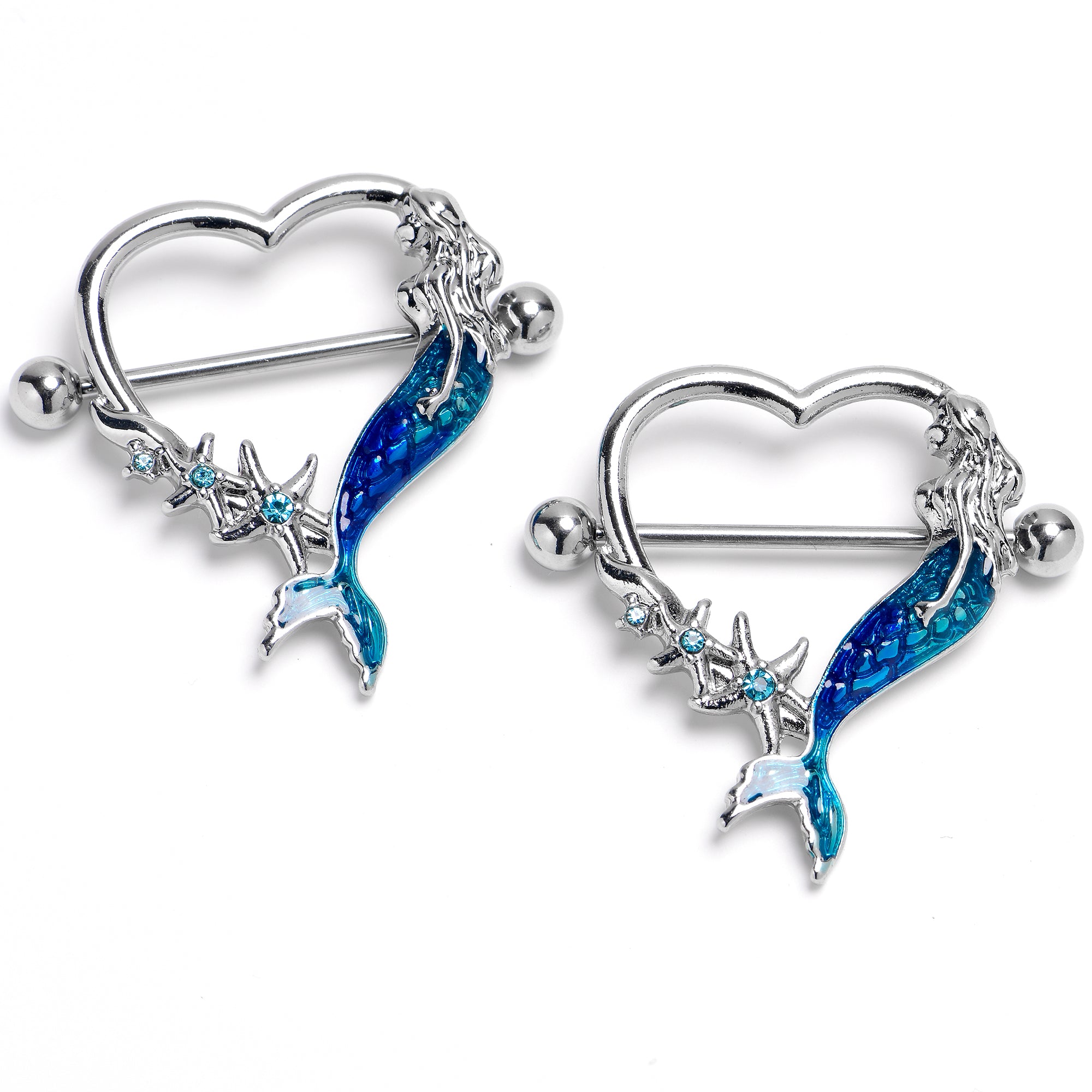 14G 9/16 Blue Gem Blue Mermaid Tail Stars Nipple Shield Set