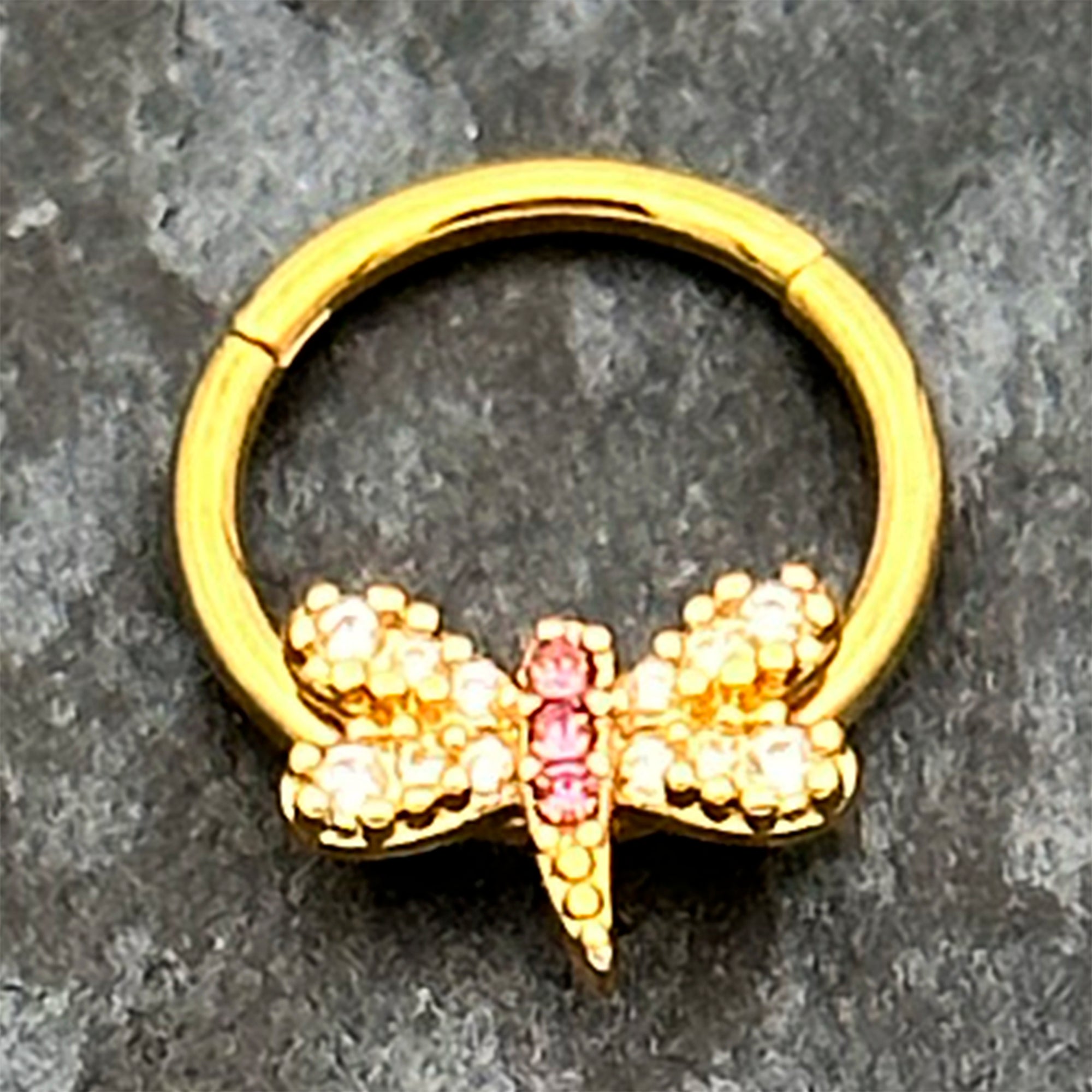 16G 3/8 Pink Gem Gold Tone Dragonfly Drama Hinged Segment Ring