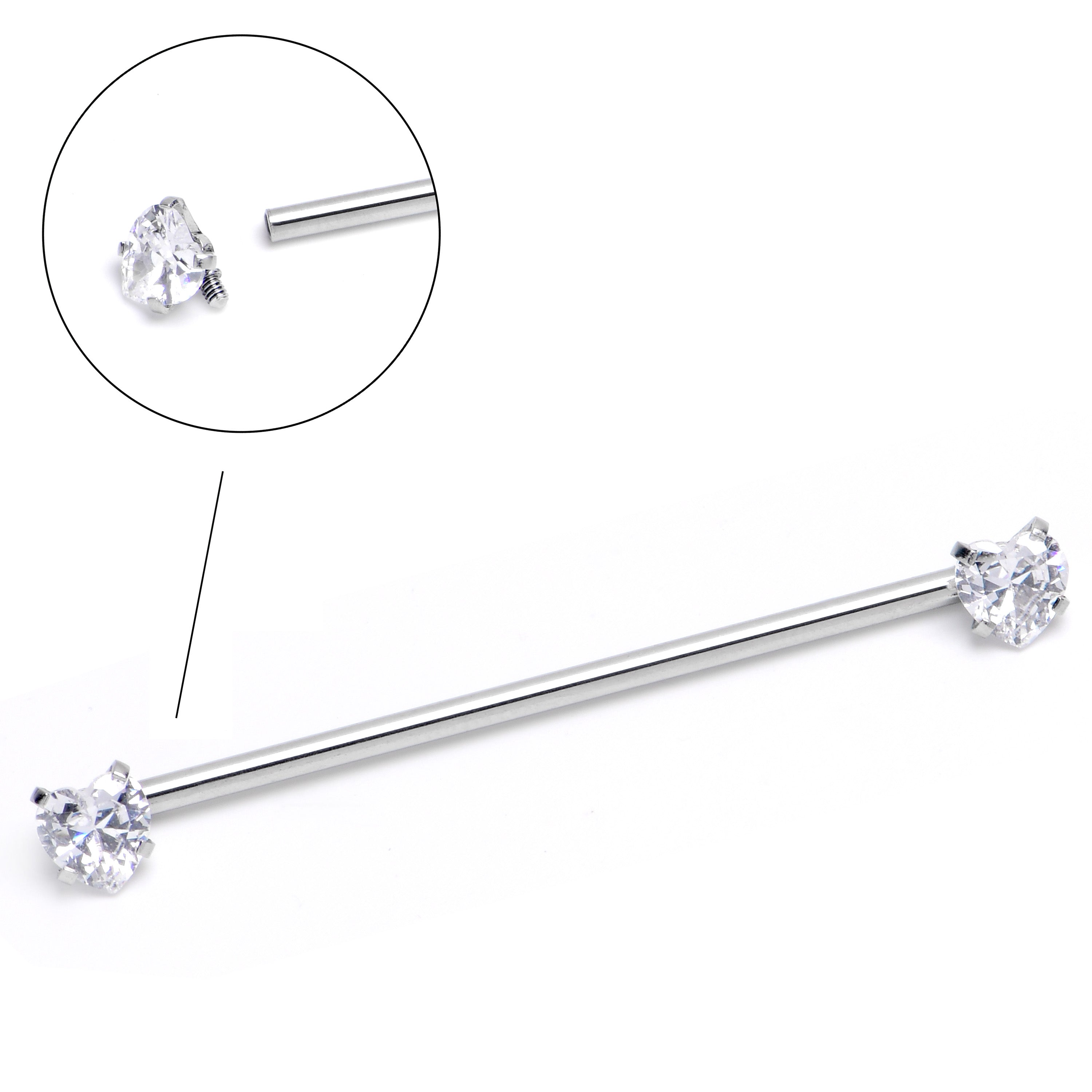 14G Clear CZ Gem Heart Internally Threaded Industrial Barbell 38mm