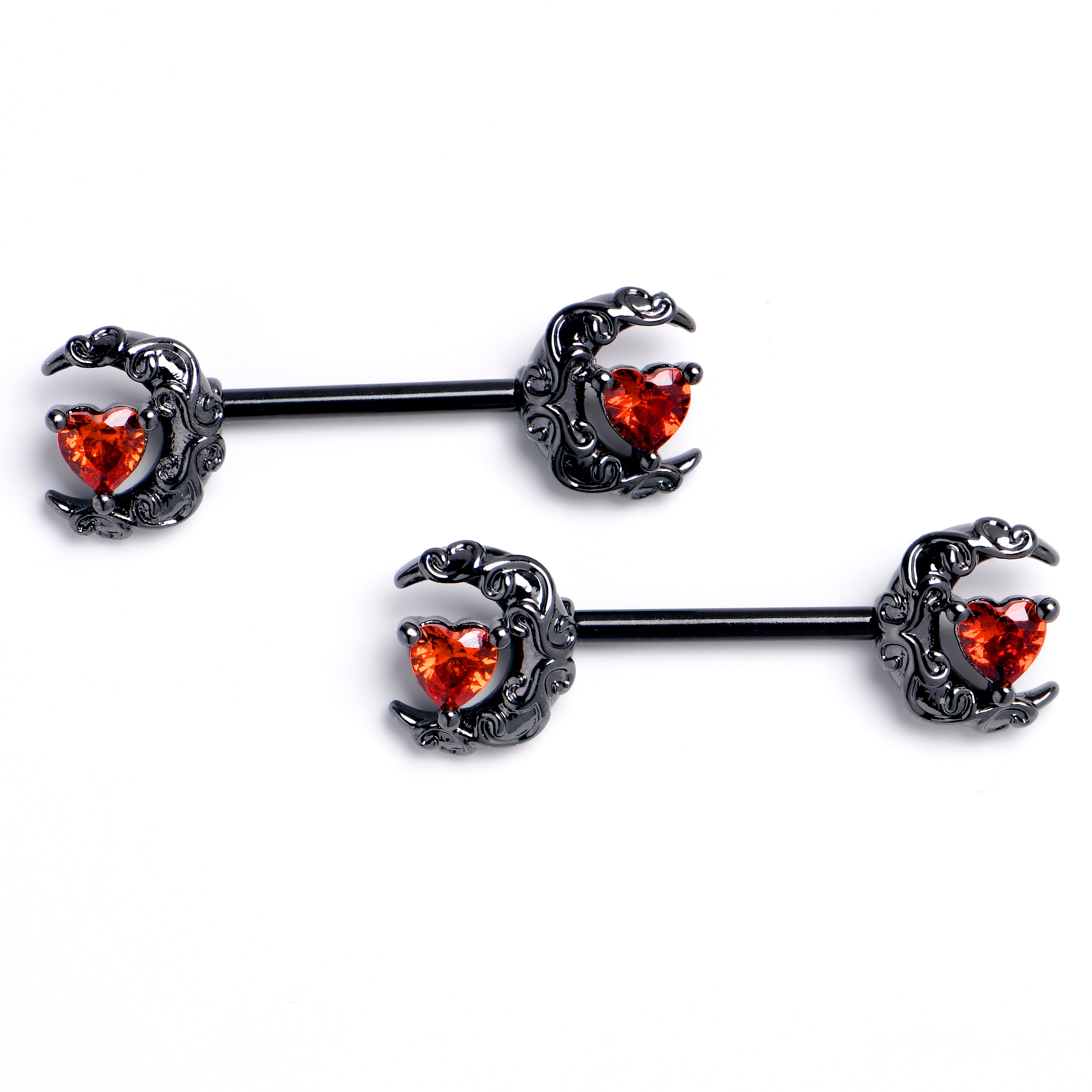 14G 9/16 Red Gem Black Heart Scroll Moon Barbell Nipple Ring Set