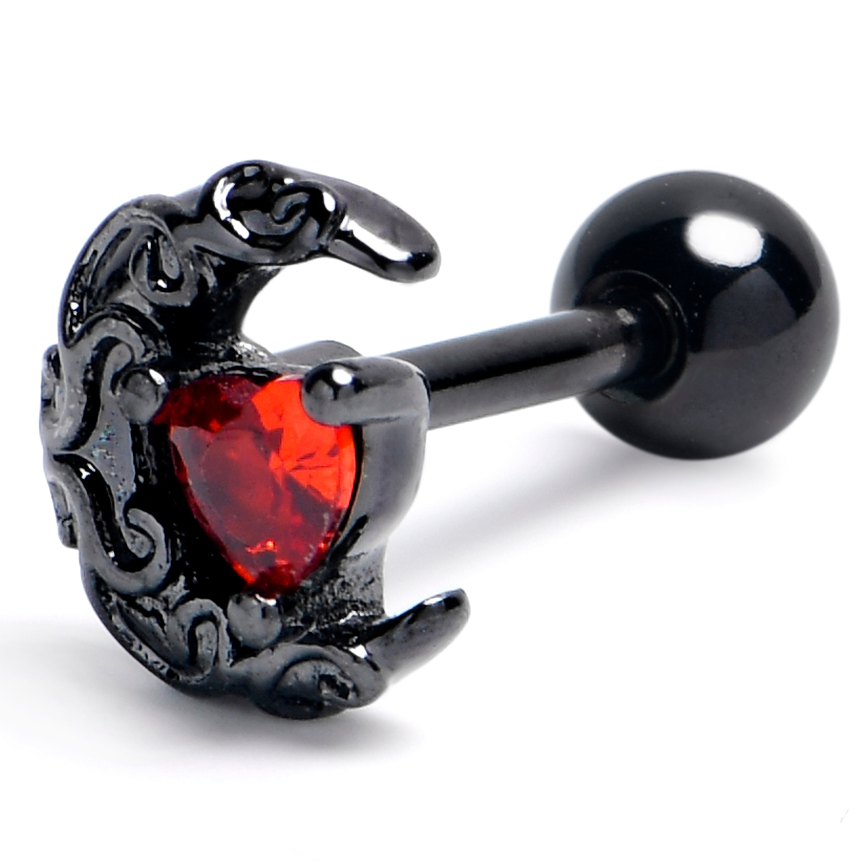 16G 1/4 Red Gem Black Heart Scroll Moon Cartilage Tragus Earring