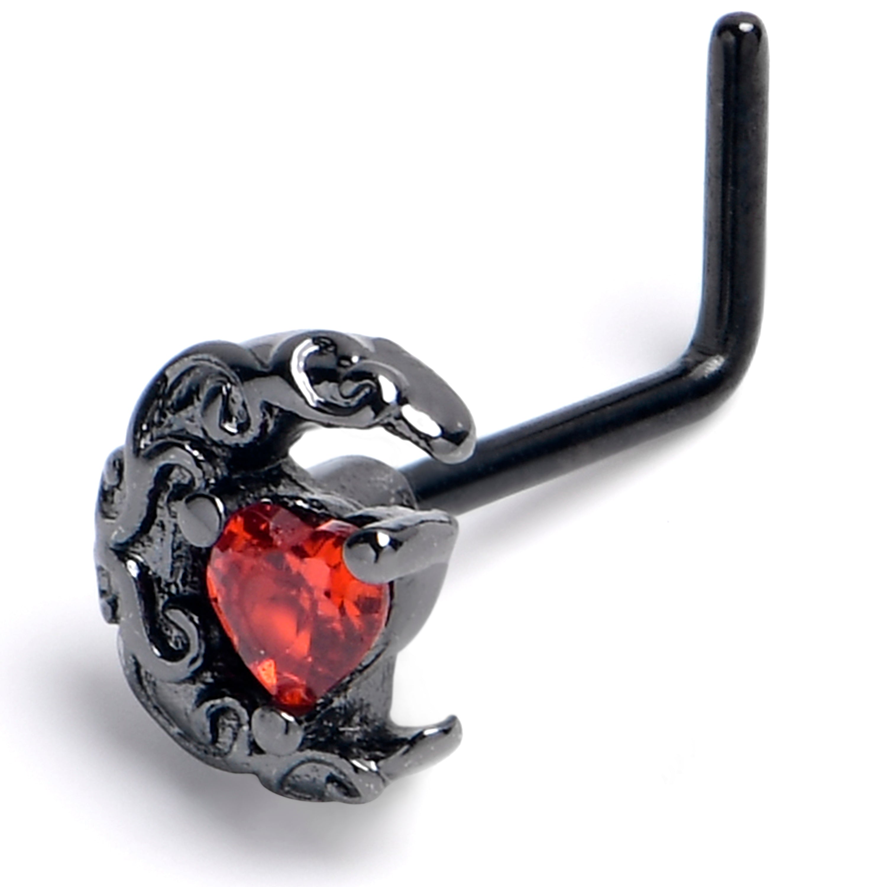 20G 7mm Red Gem Black Scroll Moon Heart L Shape Nose Ring