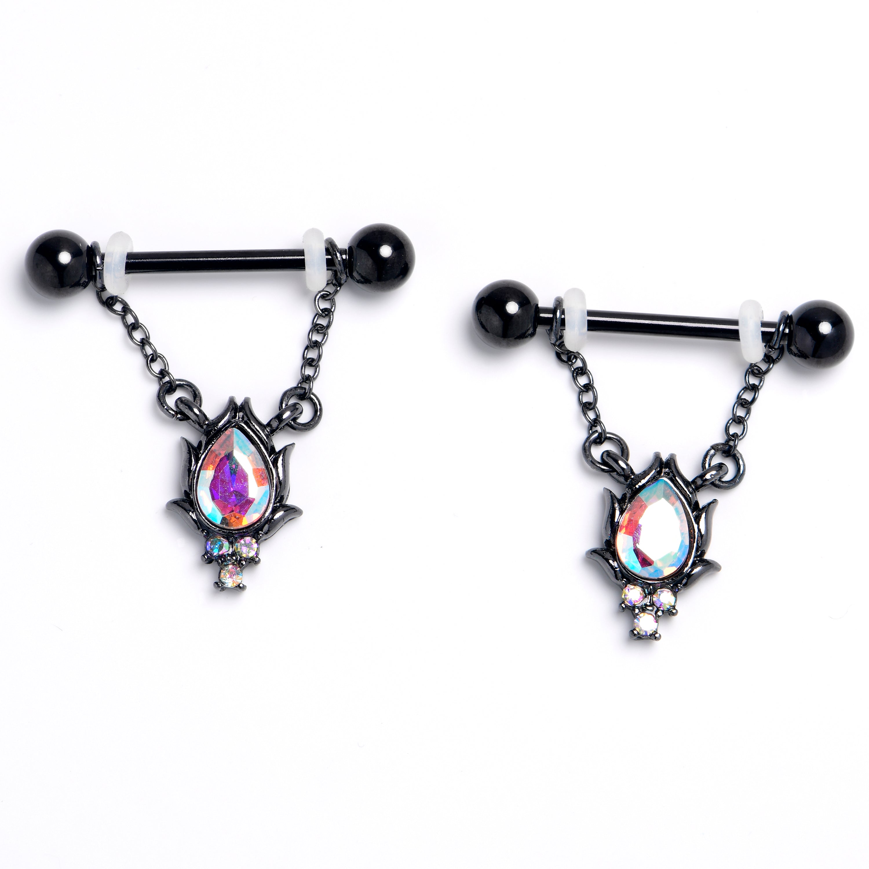 14G 9/16 Aurora CZ Gem Black Dream Drop Dangle Nipple Ring Set