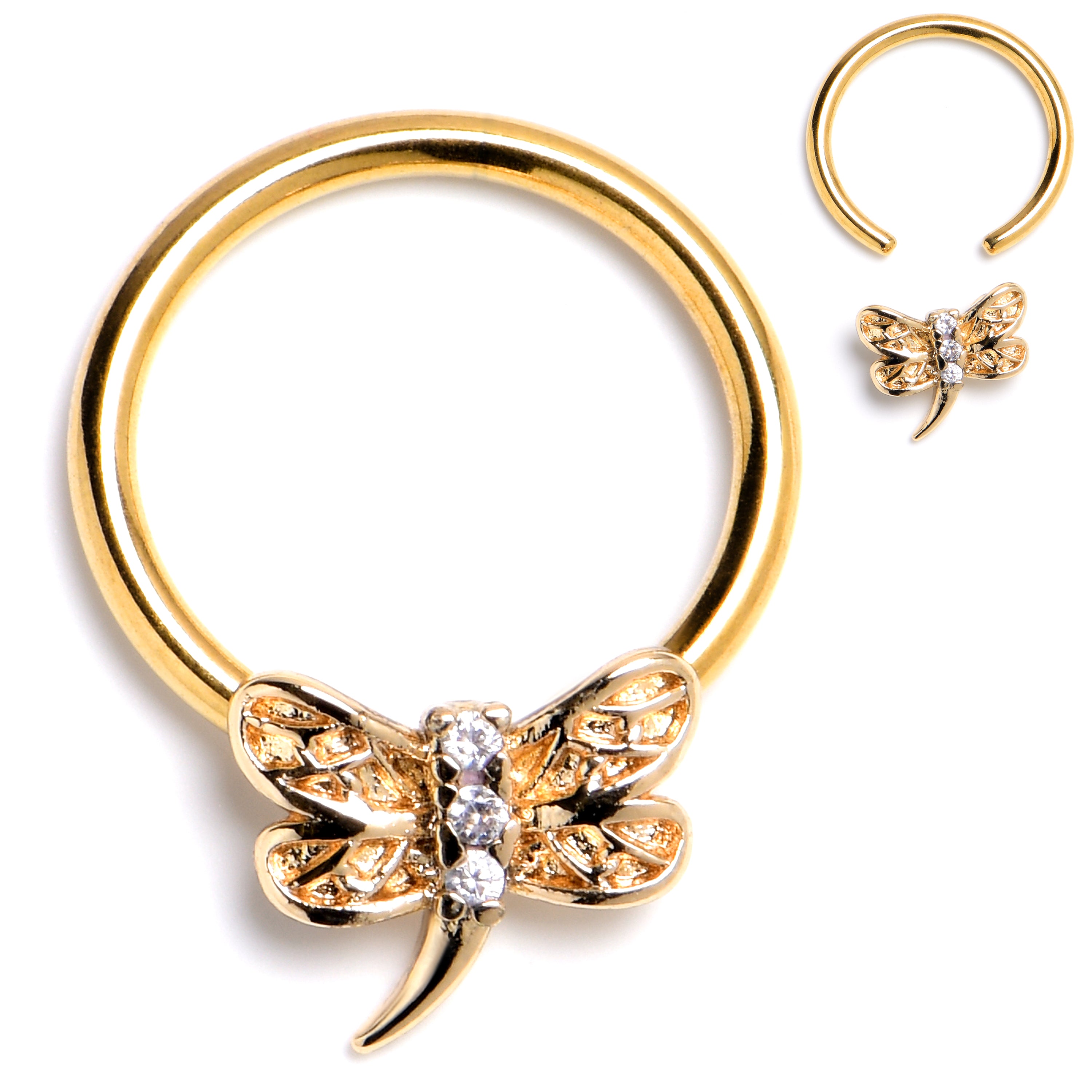 16G 3/8 Clear Gem Gold Tone Filigree Dragonfly BCR Captive Ring