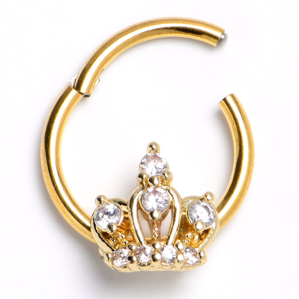16 Gauge 3/8 Clear CZ Gem Gold Tone Epic Crown Hinged Segment Ring