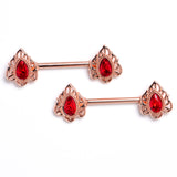 14 Gauge 9/16 Red Gem Rose Gold Tone Firey Flame Barbell Nipple Ring Set