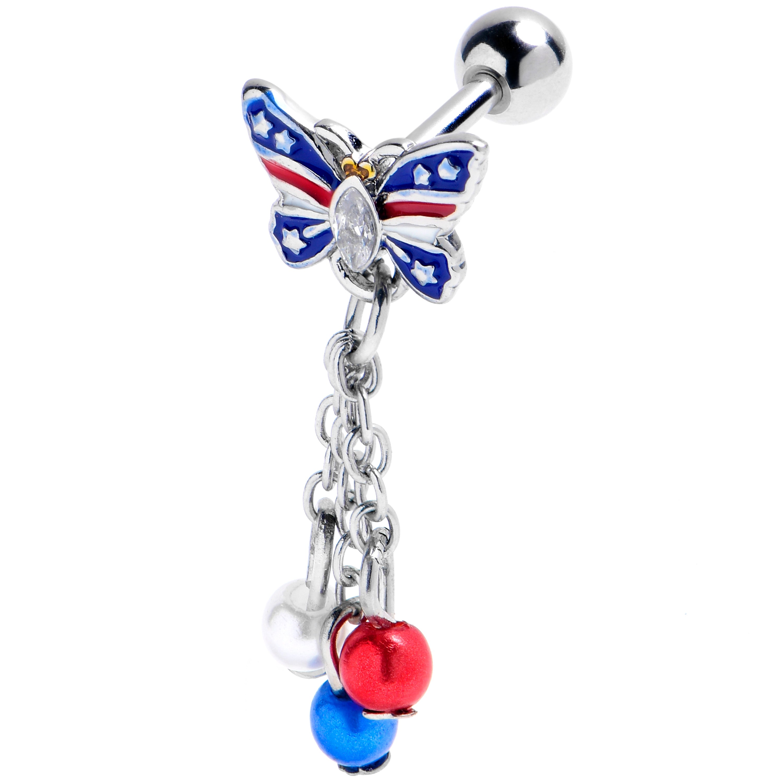 16G 1/4 Clear Gem Patriotic Butterfly Dangle Cartilage Earring