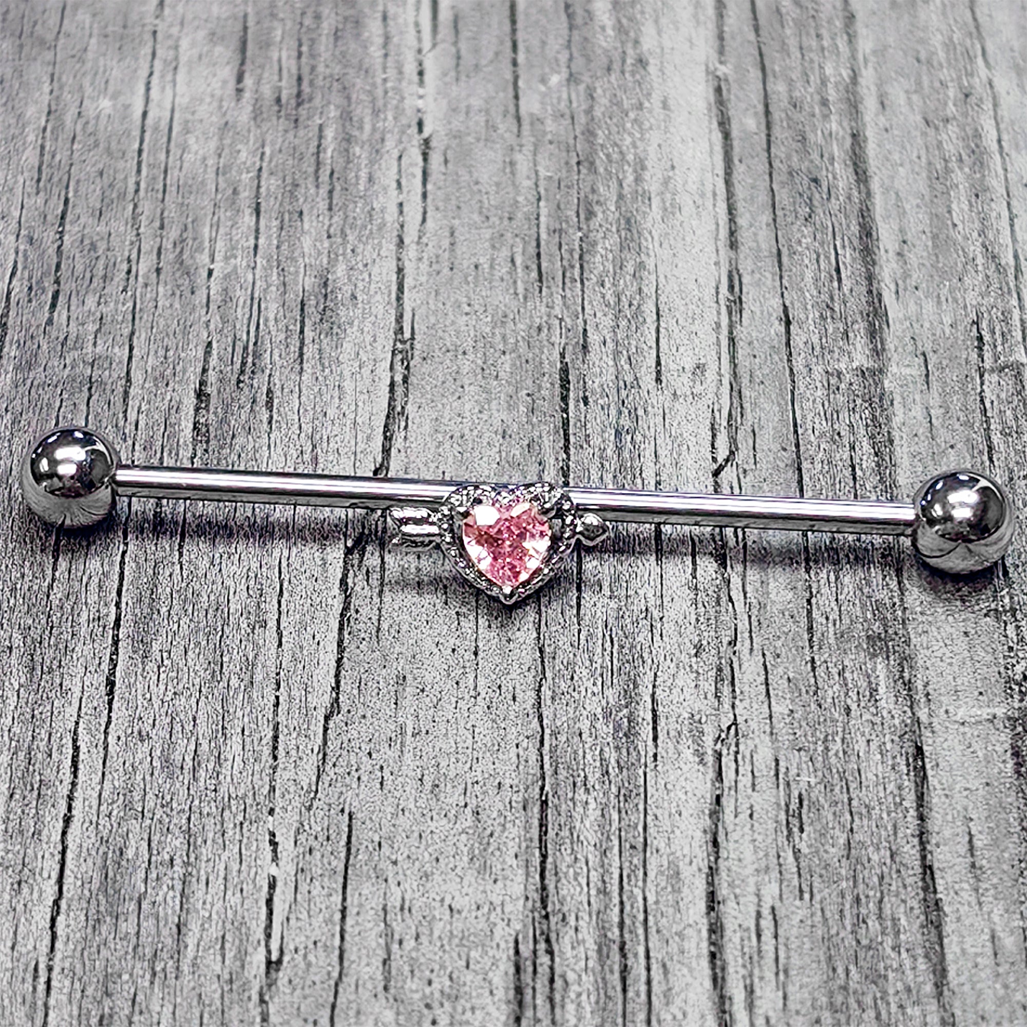 14G Pink Clear CZ Gem Fusion Of Love Heart Industrial Barbell 38mm