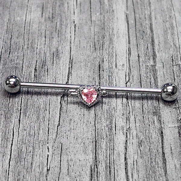 14 Gauge Pink Clear CZ Gem Fusion Of Love Heart Industrial Barbell 38mm