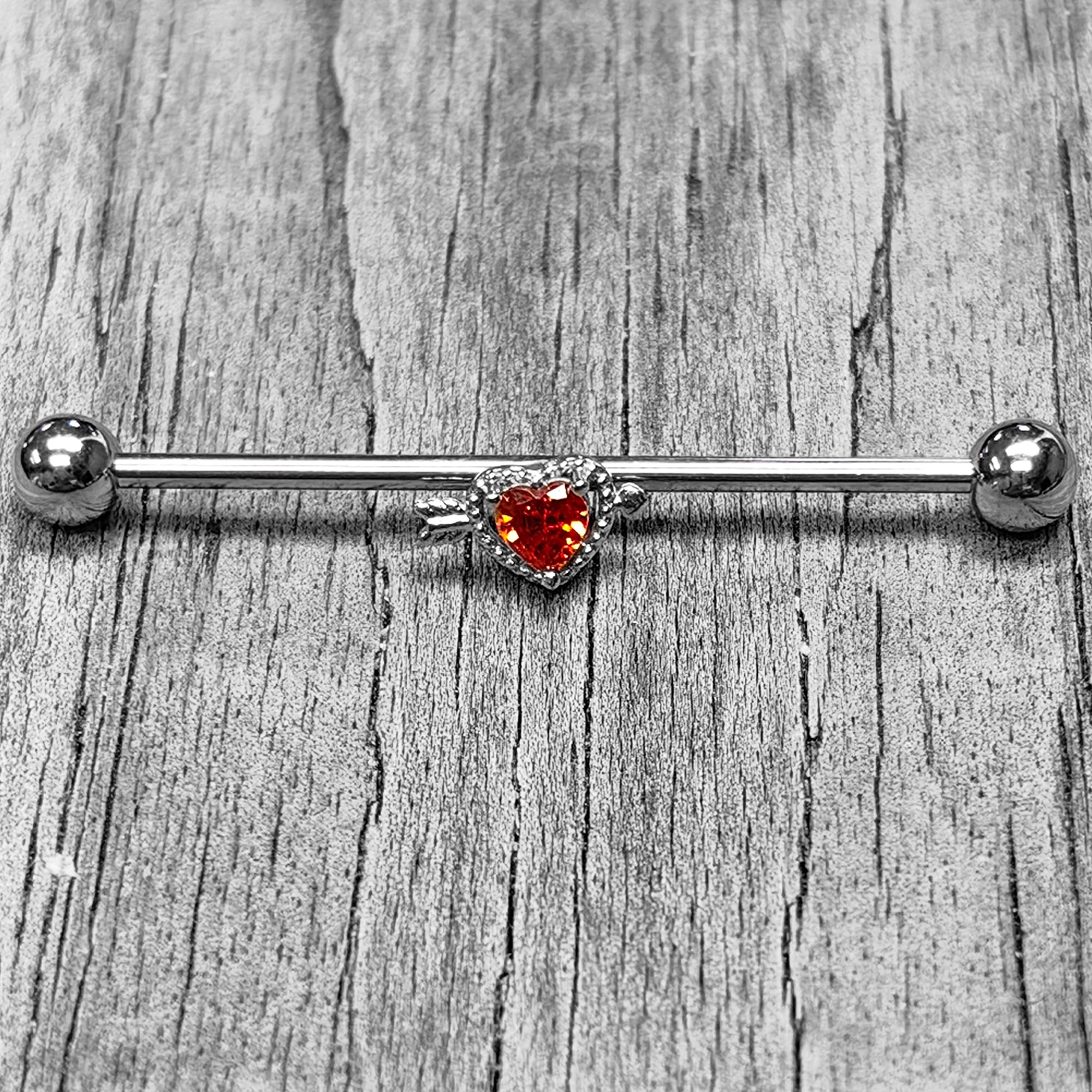 14G Red CZ Gem Fusion Of Love Heart Arrow Industrial Barbell 38mm