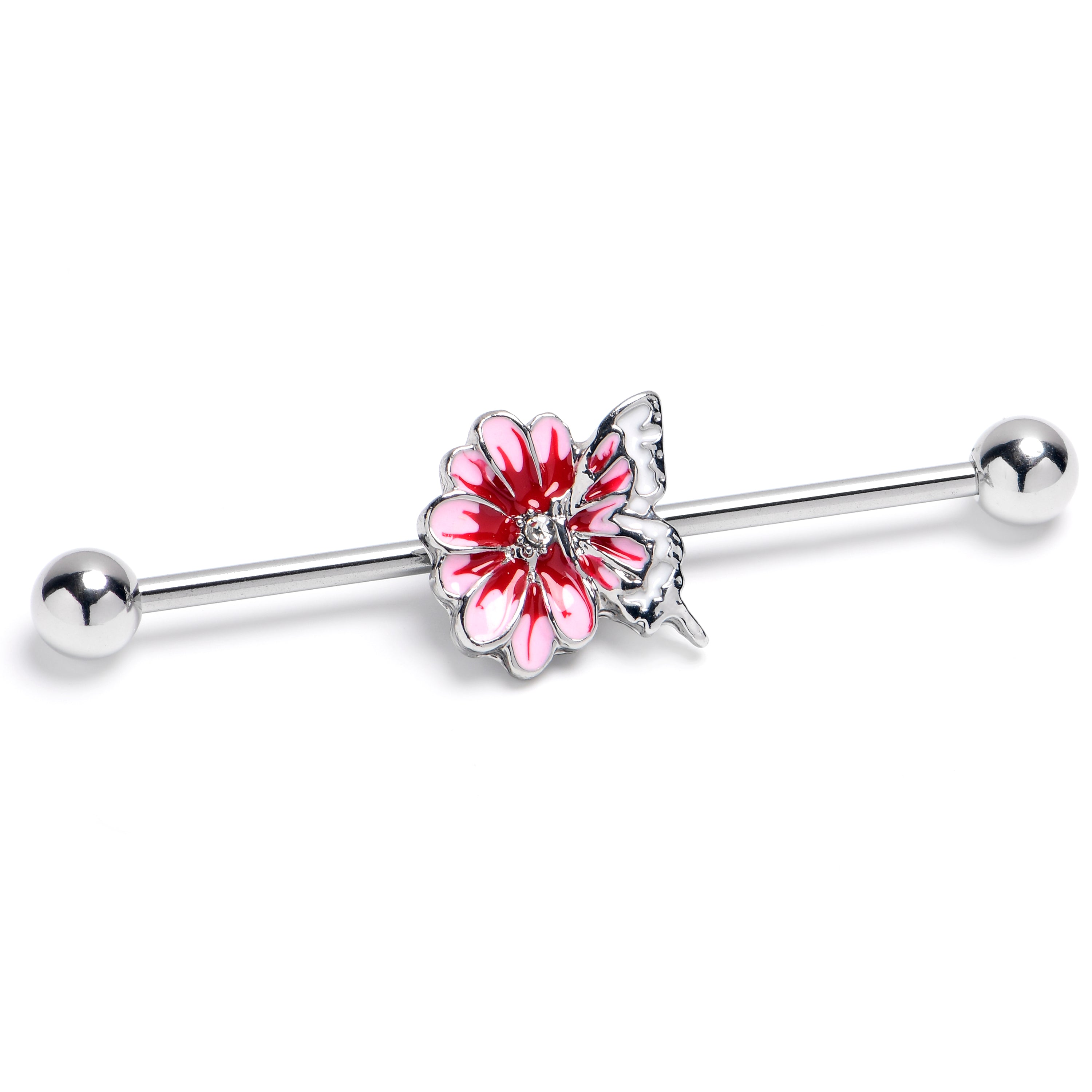 14G Clear CZ Gem Butterfly Blossom Pink Industrial Barbell 38mm