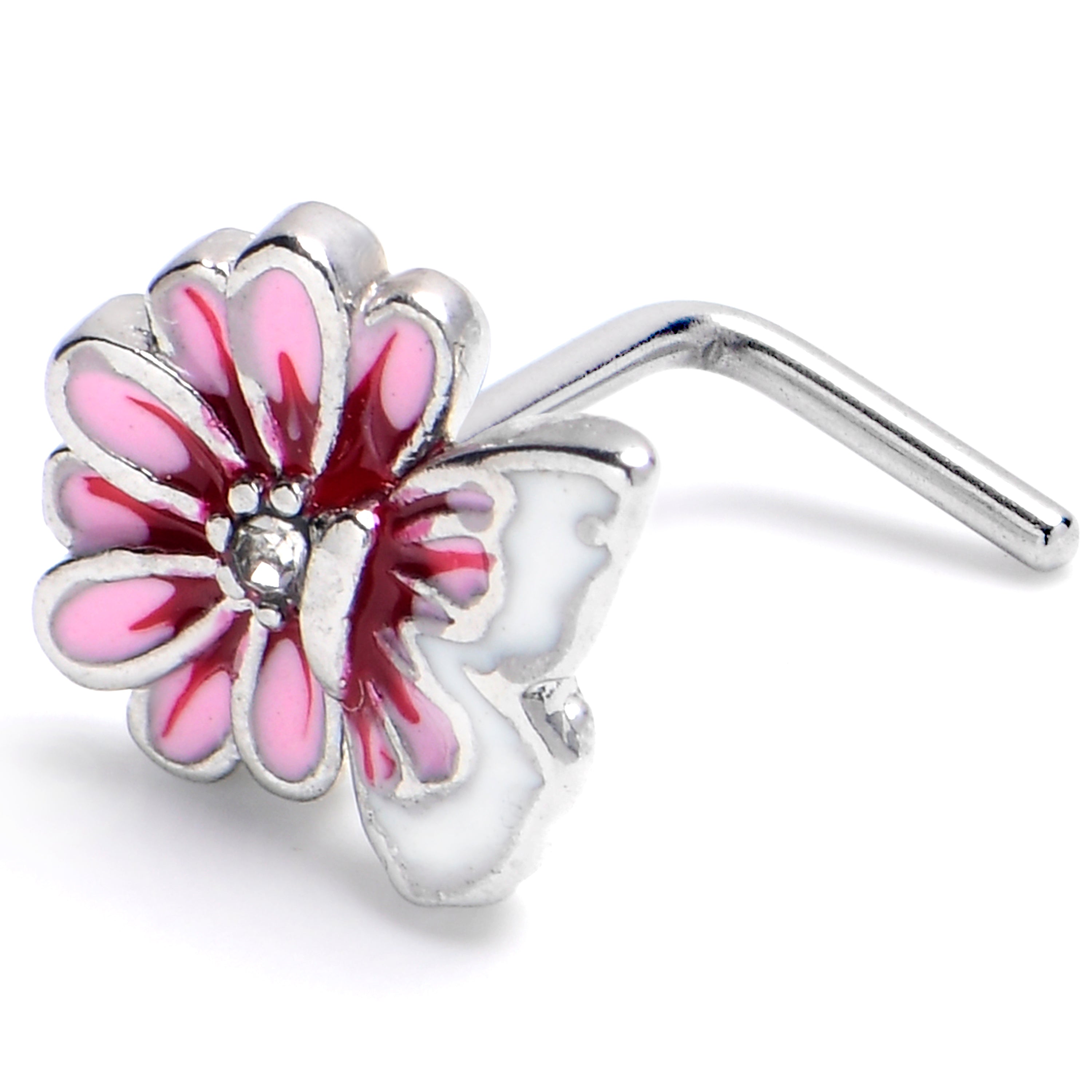 20G 1/4 Clear CZ Gem Butterfly Blossom Pink L Shape Nose Ring