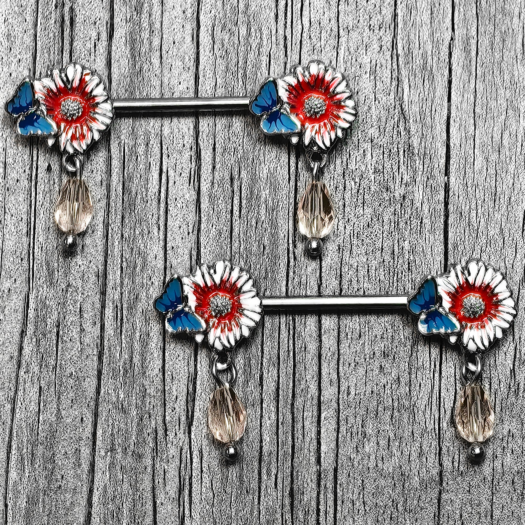 14G 9/16 Passion Flower Blue Red Butterfly Dangle Nipple Ring Set