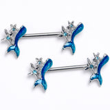 14 Gauge 9/16 Blue Gem Blue Mermaid Tail Stars Barbell Nipple Ring  Set