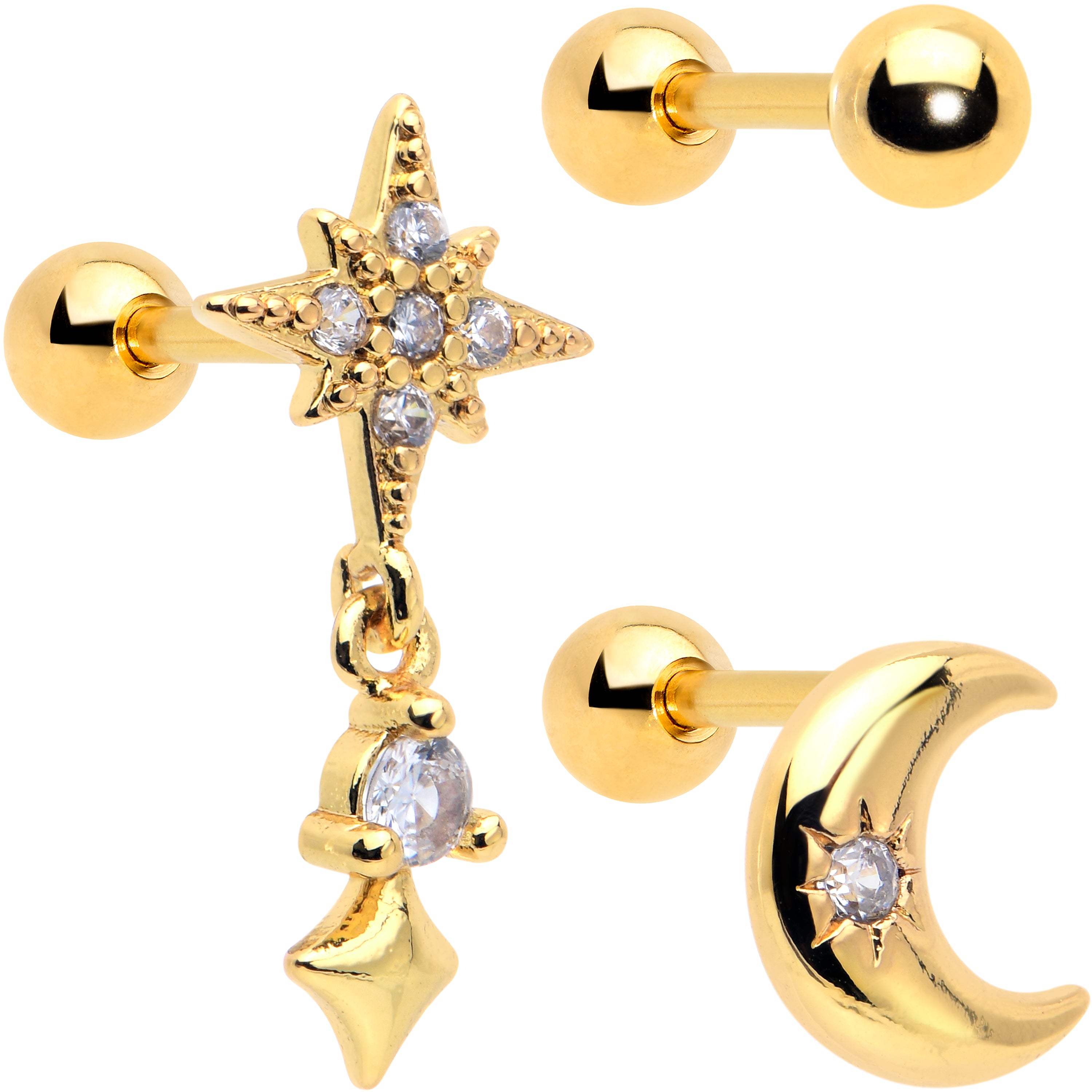 16G 1/4 Clear Gem Gold Tone Celestial Cartilage Earring Set of 3