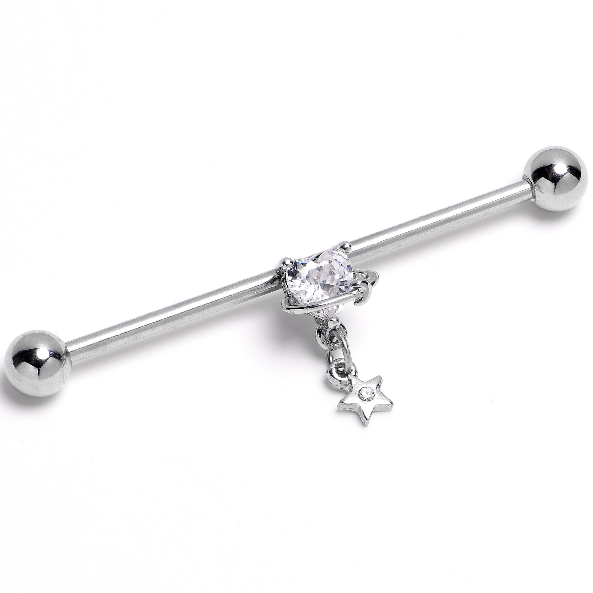 14G Clear Gem Starry Heart Dangle Industrial Barbell 38mm