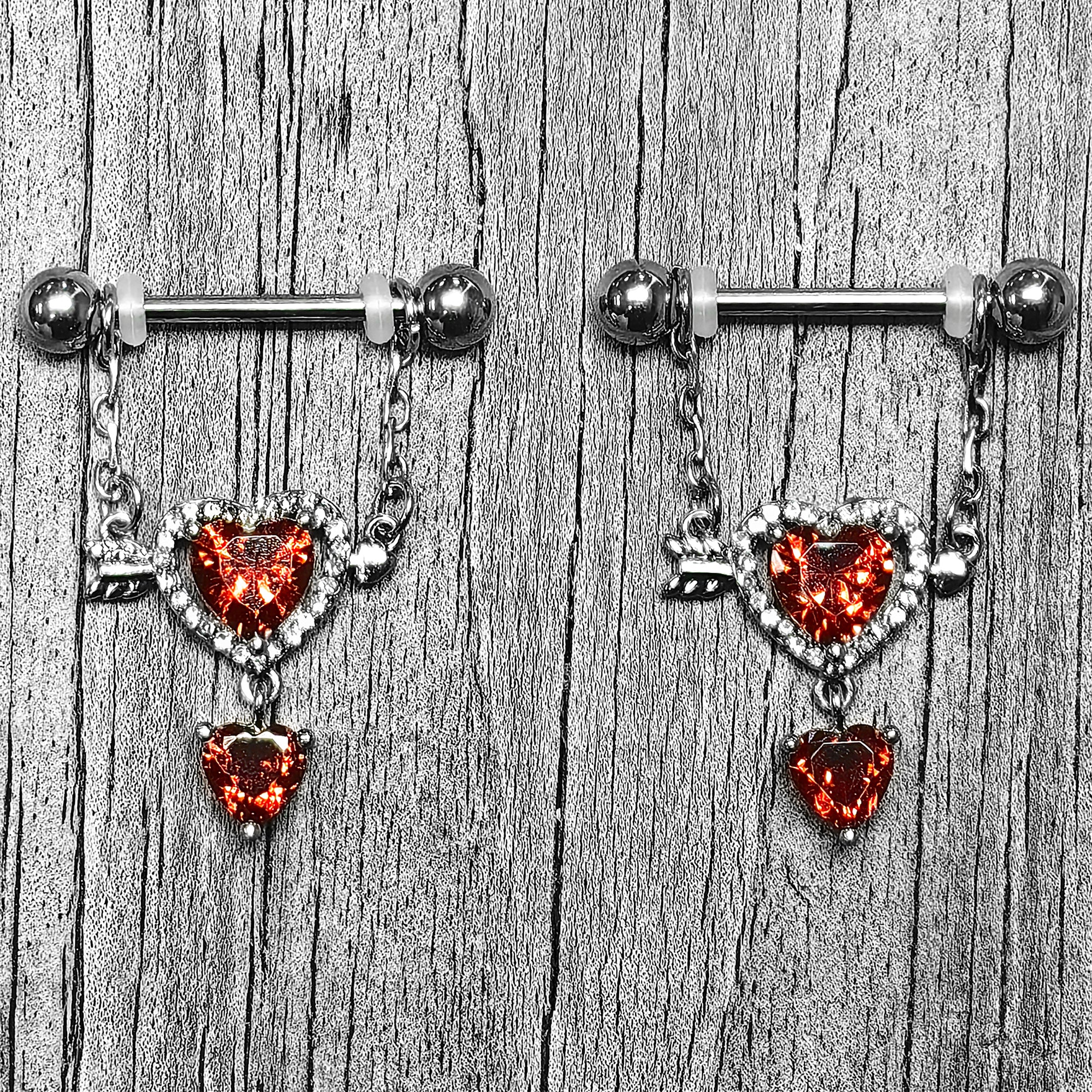 14G 9/16 Red Gem Fusion of Love Arrow Heart Dangle Nipple Ring Set