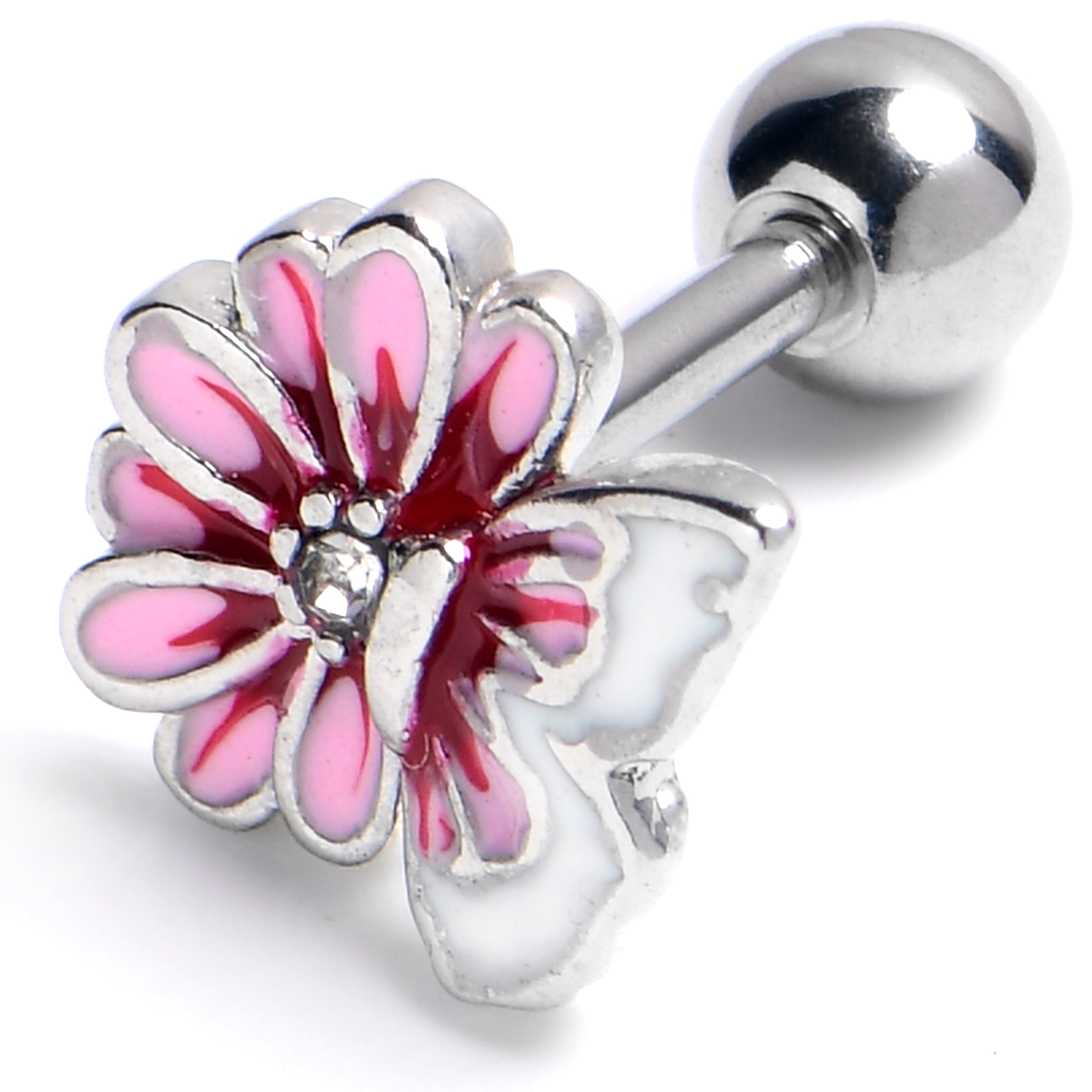 16G 1/4 Clear Gem Butterfly Blossom Pink Cartilage Tragus Earring