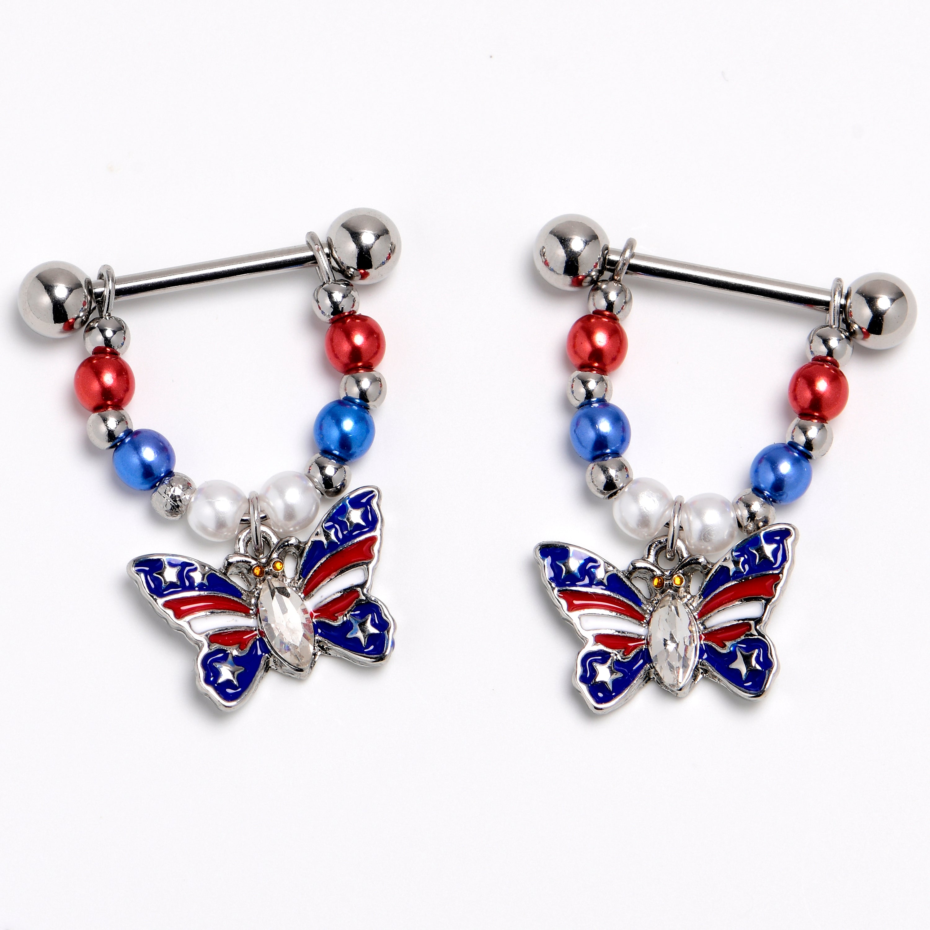 14G 9/16 Clear Gem Patriotic Butterfly Dangle Nipple Ring Set