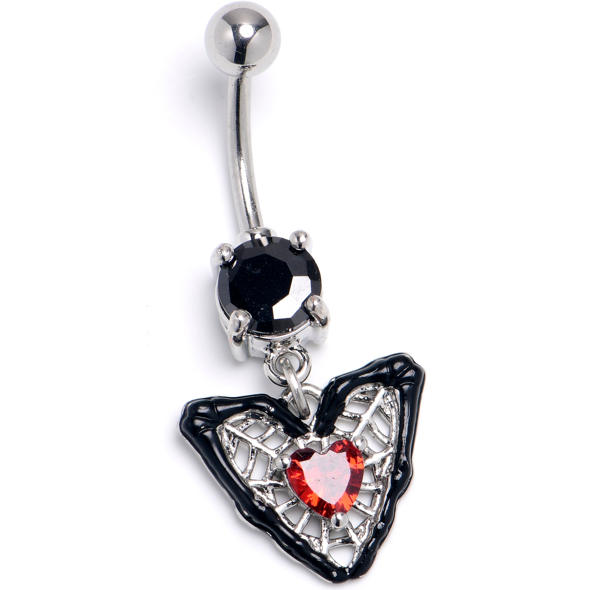 Black Red CZ Gem Captured Heart Dangle Belly Ring