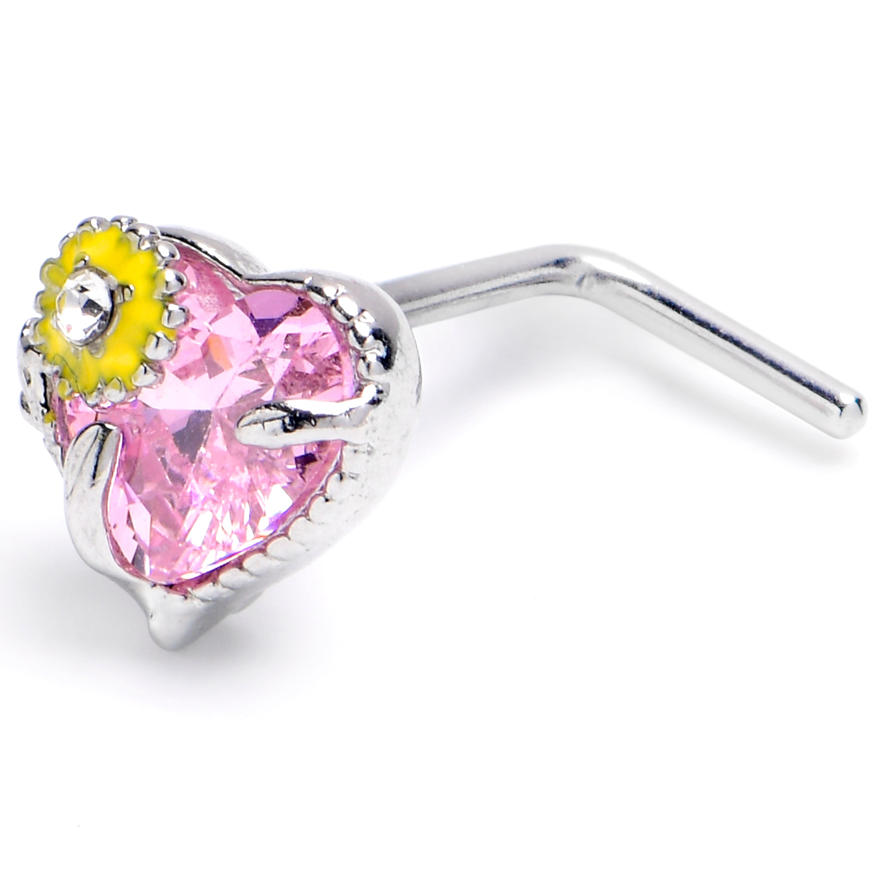 20G 7mm Pink Gem Sunflower Heart Love L Shape Nose Ring