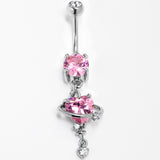 Pink Clear CZ Gem Starry Heart Dangle Belly Ring