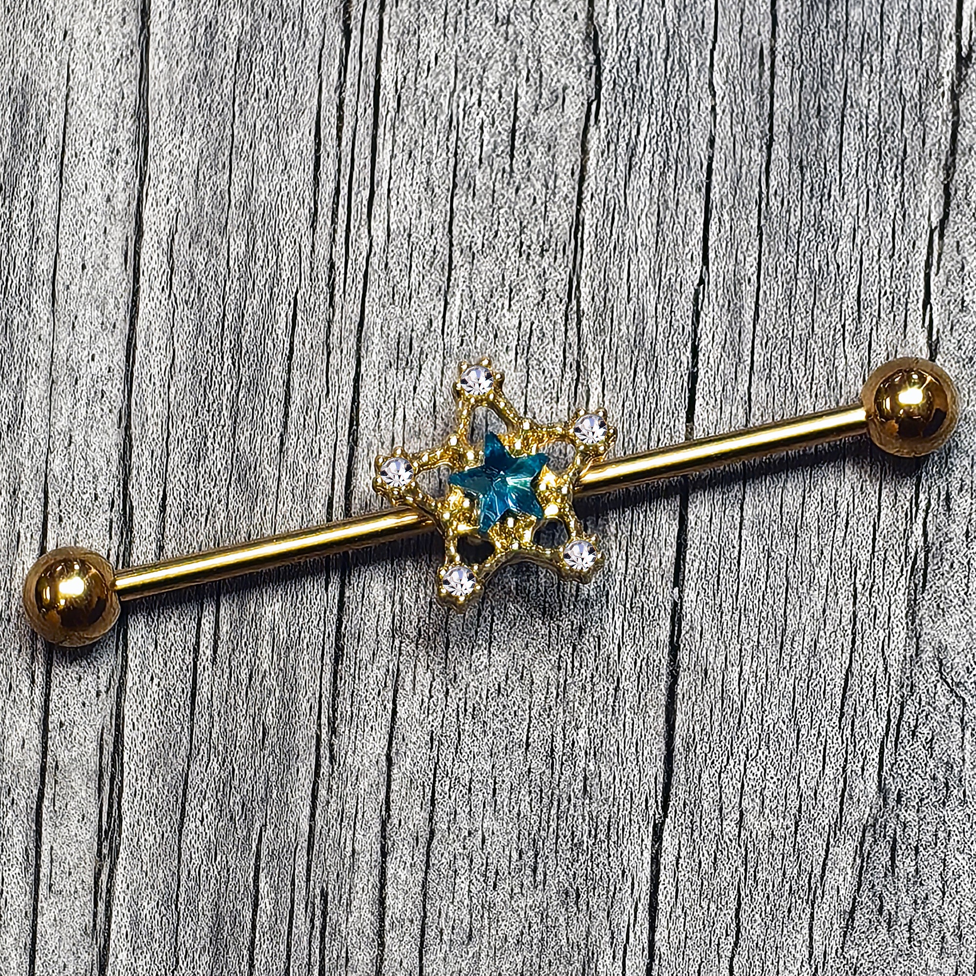 14G Blue Clear Gem Gold Tone Starry Glam Industrial Barbell 38mm