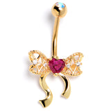 Red CZ Gem Gold Tone Internally Threaded Bow Heart Beauty Belly Ring
