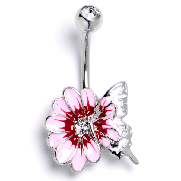 Clear CZ Gem Butterfly Blossom Pink White Belly Ring