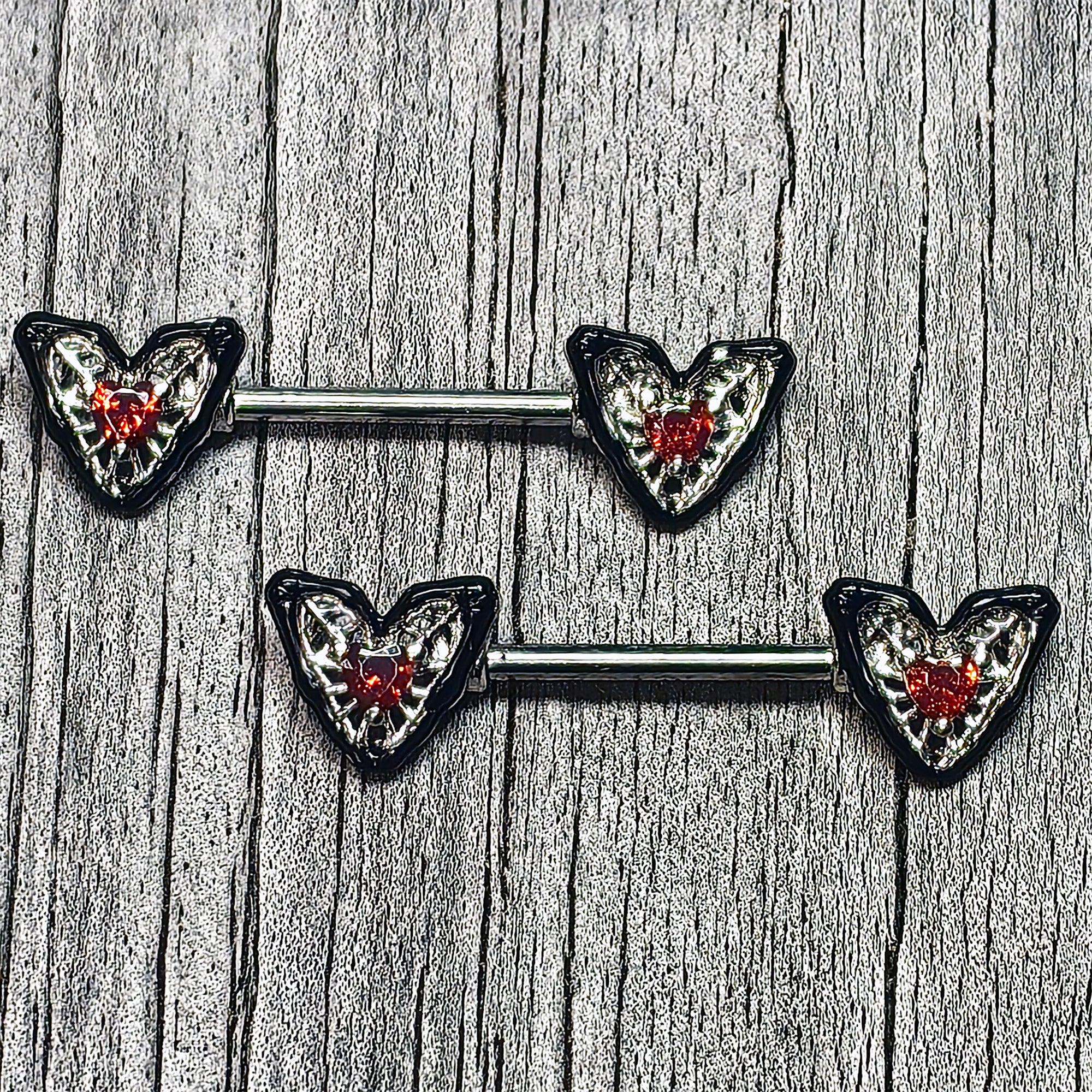 14G 9/16 Red Gem Captured Heart Barbell Nipple Ring Set