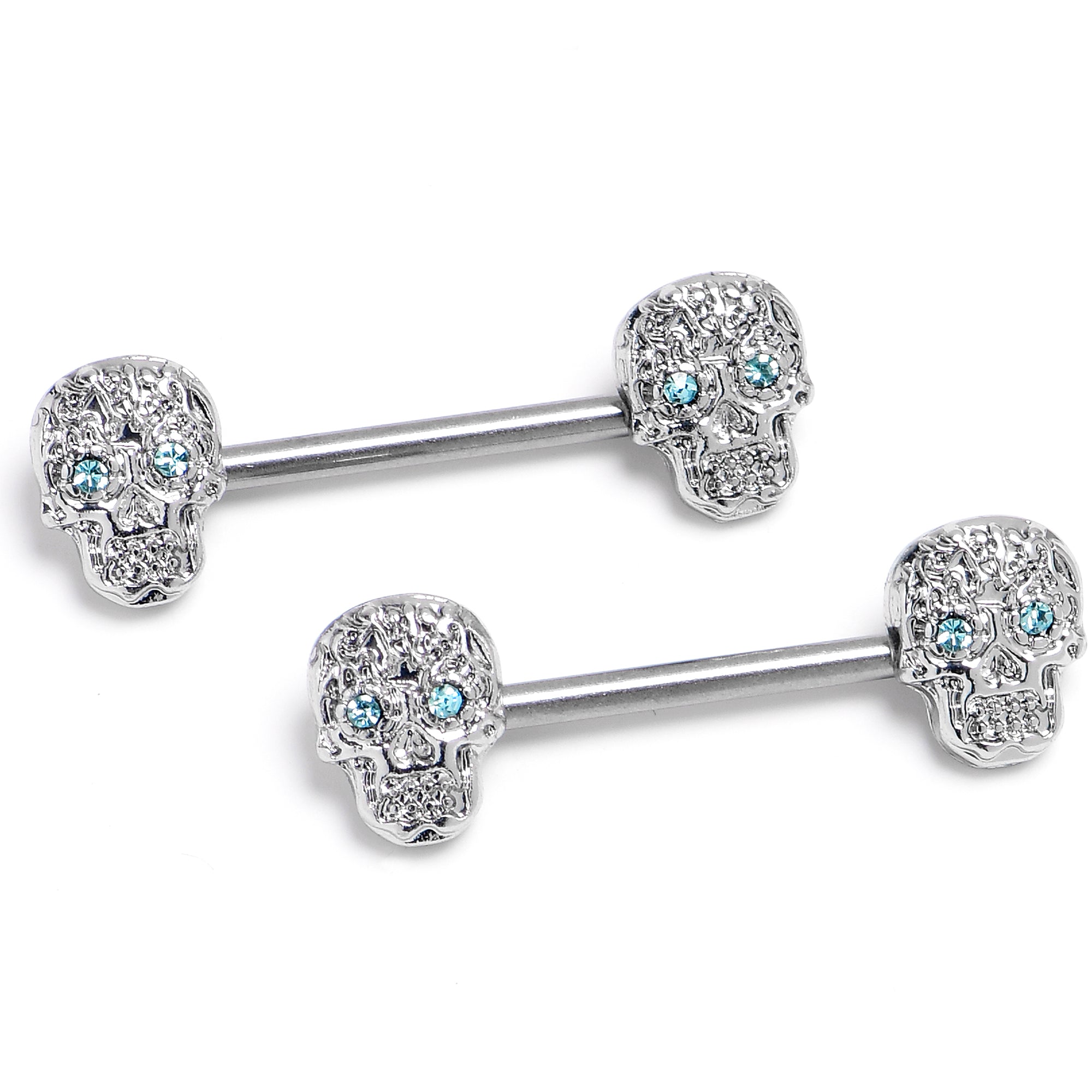 14G 9/16 316L Steel Skulls Blue Gem with Titanium Barbell Nipple Rings